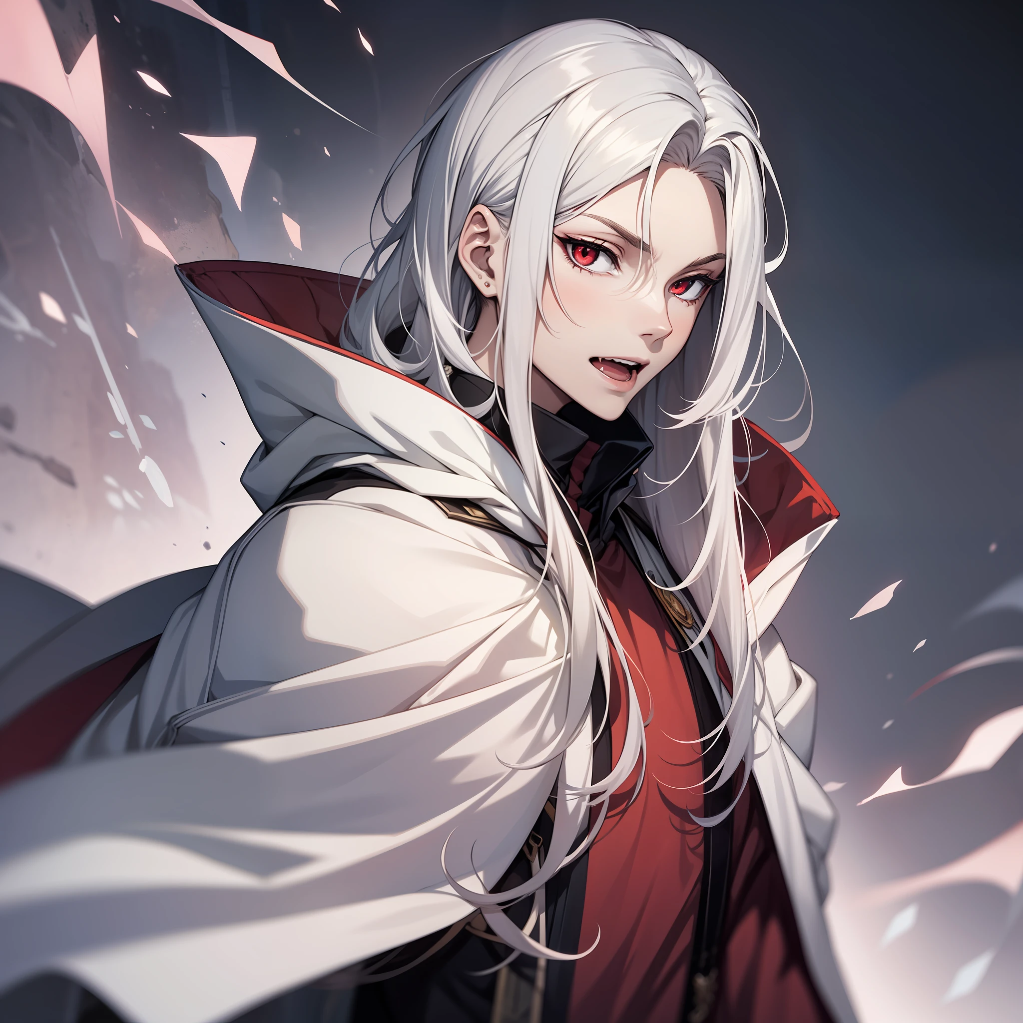 Young Man, 20 years old, pale skin, long white hair, red eyes, vampire tooth, vampire, white cloak, anime style, cartoon by Thores Shibamoto, 4K, Good Anathomy