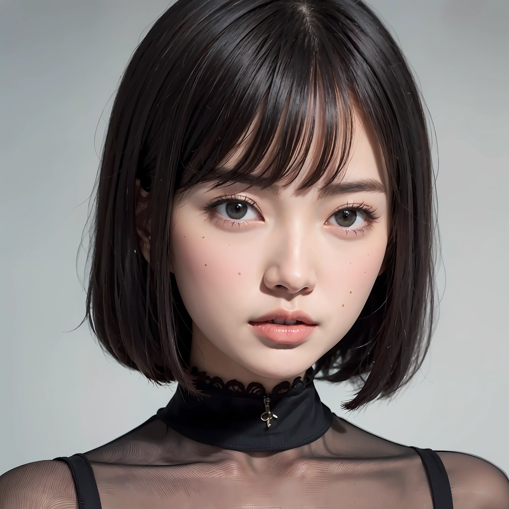 arafed woman with a black choke and a black top, neat hair with bangs, portrait cute-fine-face, with short hair, girl cute-fine-face, with short hair with bangs, kawaii realistic portrait, soft portrait shot 8 k, short black hair with bangs, stunning anime face portrait, black bob hair, portrait of an anime girl
