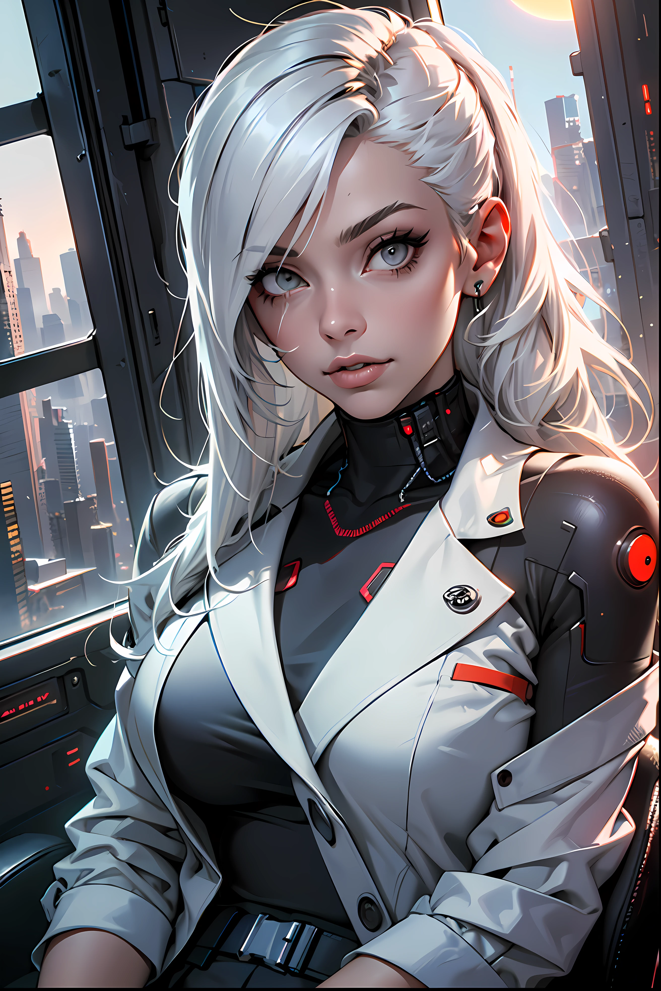 (masterpiece:1.3), (8k, photorealistic, RAW photo, best quality: 1.4), (1girl), beautiful face, (realistic face), Nice hairstyle,Realistic Eyes,Nice detail eyes,(Realistic Skin),Beautiful Skin,Ridiculous,attractive,Ultra high Resolution,an ultra realistic,RAWExtremely detailed,golden proportions, Woman wearing business outfit, white formal blazer, white blouse, white high waist business skirt, beautiful, masterpiece, best quality, perfect lighting, (white hair:1.4), long hair, (grey eyes:1.2), slender build, thin, medium breasts, business woman, ceo of small arms and aerospace centered mega corporation, sitting in luxurious black office chair, giant modern window with view of dusk cyberpunk city skyline in background, torso shot, dusk, (cyberpunk city background:1.3), (Hazy sky:1.2), (Dim red sun:1.3), eyelashes, dark eyeliner, cyberpunk, older, sleek modern-futuristic office, (white clothes:1.2), (aerospace:1.1)