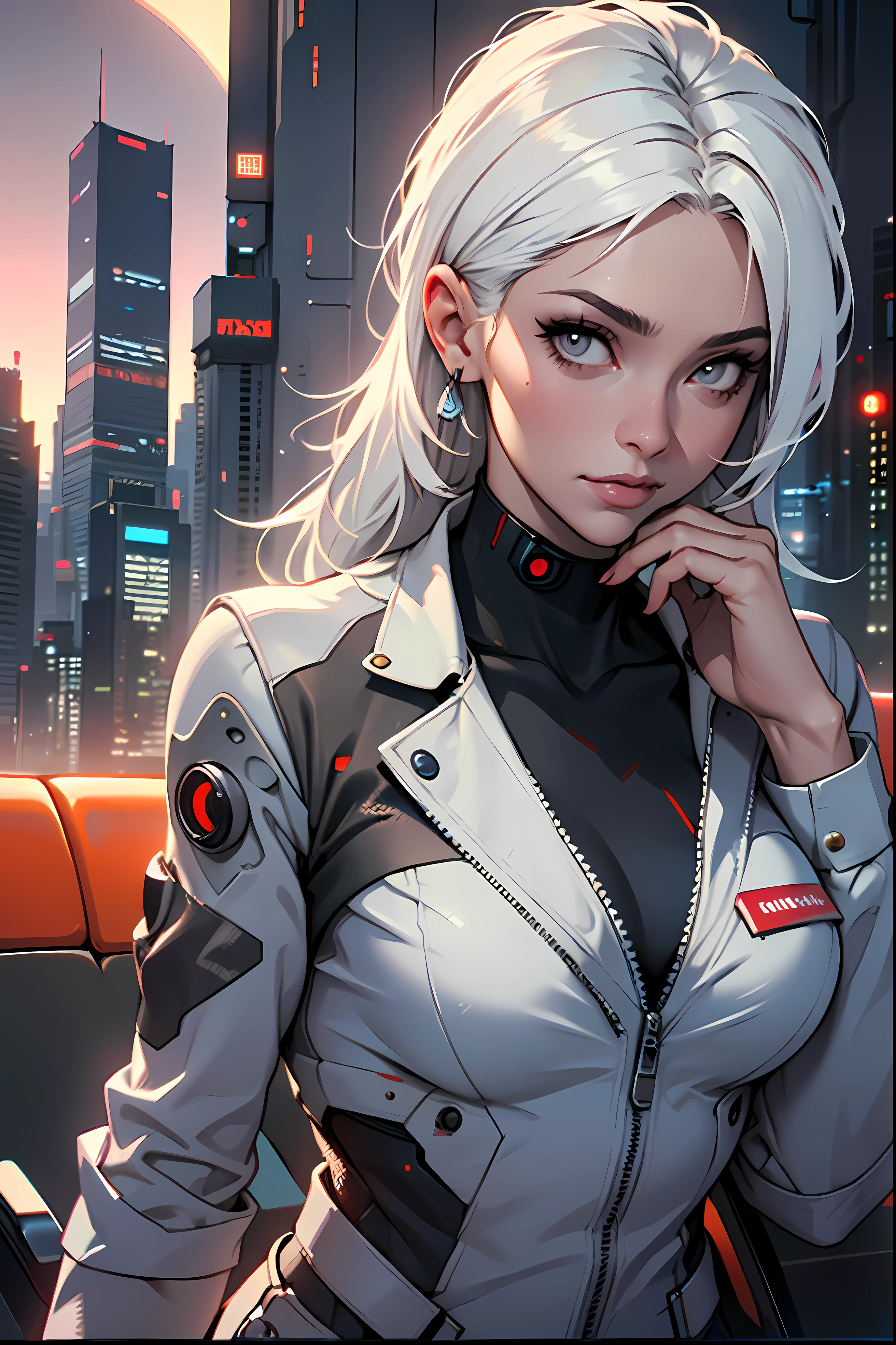 (masterpiece:1.3), (8k, photorealistic, RAW photo, best quality: 1.4), (1girl), beautiful face, (realistic face), Nice hairstyle,Realistic Eyes,Nice detail eyes,(Realistic Skin),Beautiful Skin,Ridiculous,attractive,Ultra high Resolution,an ultra realistic,RAWExtremely detailed,golden proportions, Woman wearing business outfit, white formal blazer, white blouse, white high waist business skirt, beautiful, masterpiece, best quality, perfect lighting, (white hair:1.4), long hair, (grey eyes:1.2), slender build, thin, medium breasts, business woman, ceo of small arms and aerospace centered mega corporation, sitting in luxurious black office chair, giant modern window with view of dusk cyberpunk city skyline in background, torso shot, dusk, (cyberpunk city background:1.3), (Hazy sky:1.2), (Dim red sun:1.3), eyelashes, dark eyeliner, cyberpunk, older, sleek modern-futuristic office, (white clothes:1.2), (aerospace:1.1)