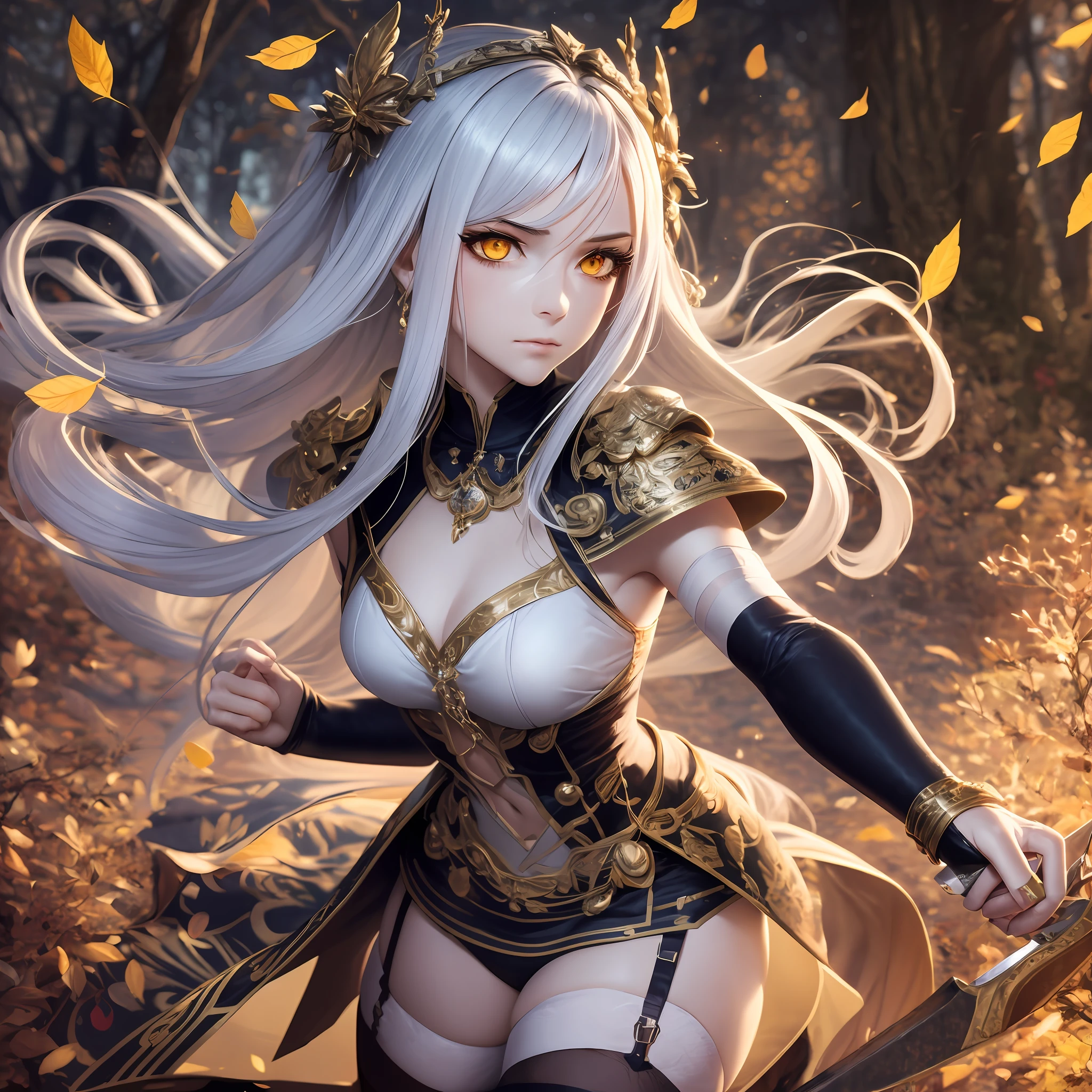 High quality realistic Anime style, high definition high quality realistic, shaded, Ray tracing, 8k, uhd, masterpiece, beautiful young girl,, small body, around twelve yo, battle dress with a few metal ornaments , shining silver middle sized hair, yellow eyes glowing, magical light from the eyes, battle dress with metal details , short dress, garter belt , cold and emotionless expression, fighting pose holding a knife lowered legs, in a Forrest, monsters on the sides, magical lights, magical illumination, a lot of leafs falling, the center figure with an magical aura --auto