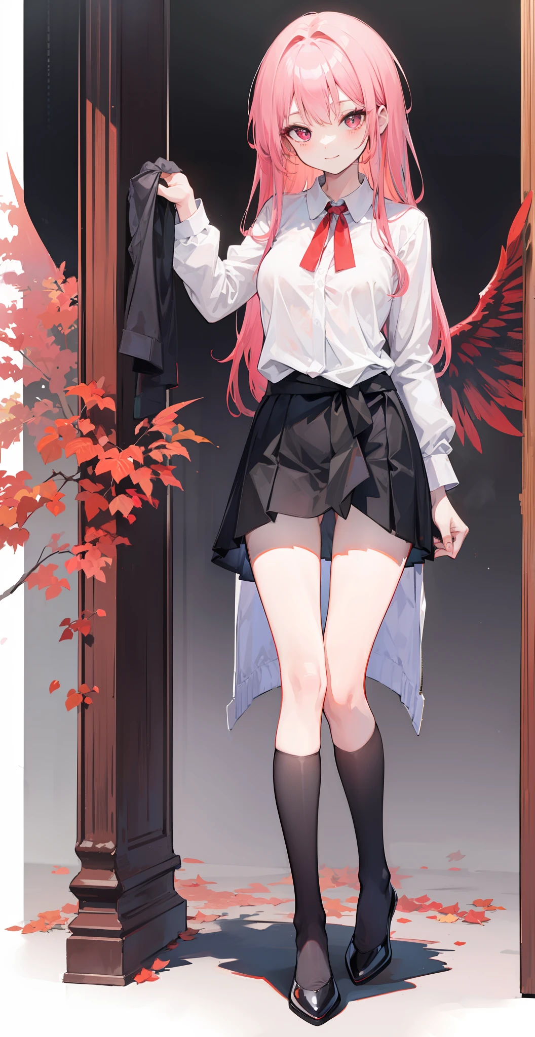 No underwear, transparent top, miniskirt, black stockings, long pink hair, love in the eyes, red wings, sweet smile, skirt lifted, long hair to the waist, dagger in hand, unbuttoned top.