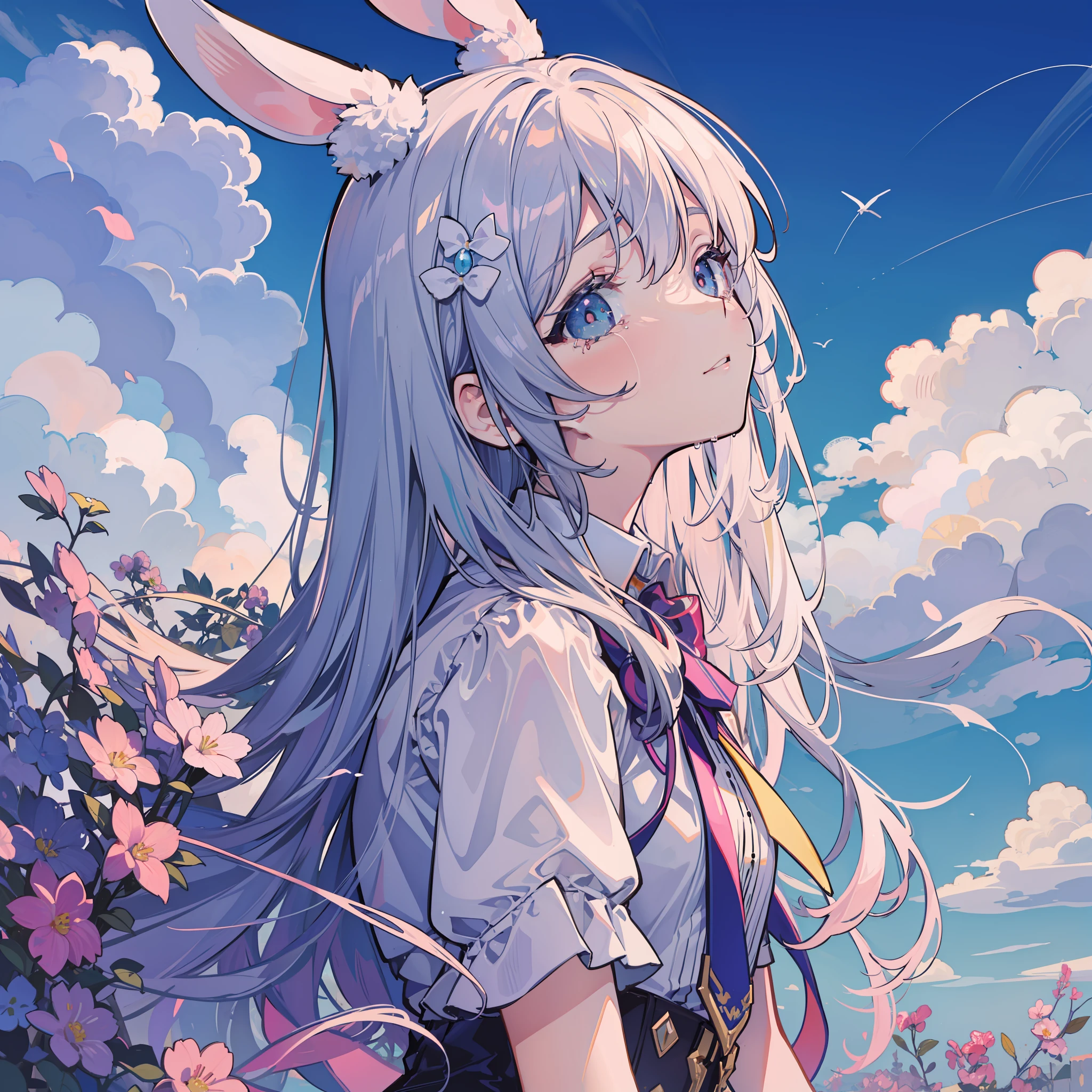 (Rabbit-eared girl) Looking up at the sky Crying whole body Very beautiful blue sky Horizon