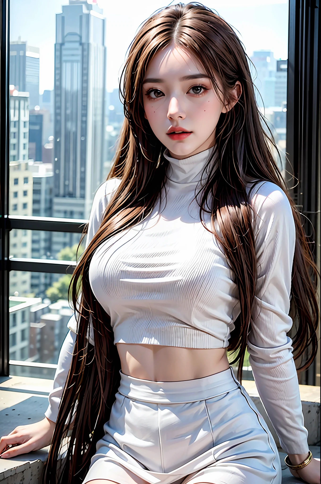 Best Quality, Masterpiece, Ultra High Resolution, (Photorealistic: 1.4), cityscape backdrop, rooftop or high-rise balcony, dynamic composition, engaging pose, soft yet striking lighting, shallow depth of field, bokeh from city lights, 1 girl, detailed face, solo, black turtleneck sweater, white skirt