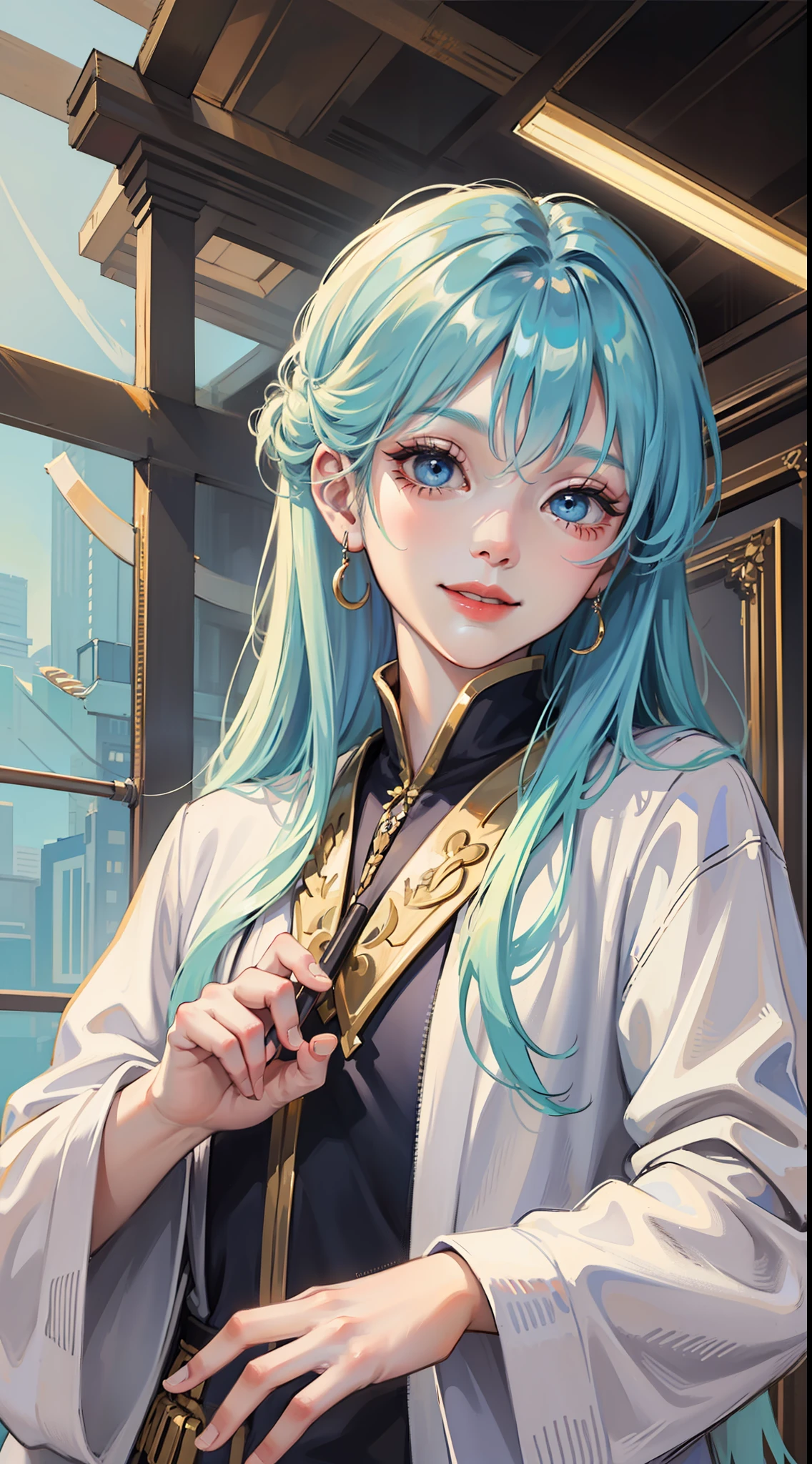 boy, long aquamarine hair, blue eyes, white artist robes, smile, brush, masterpiece, high quality