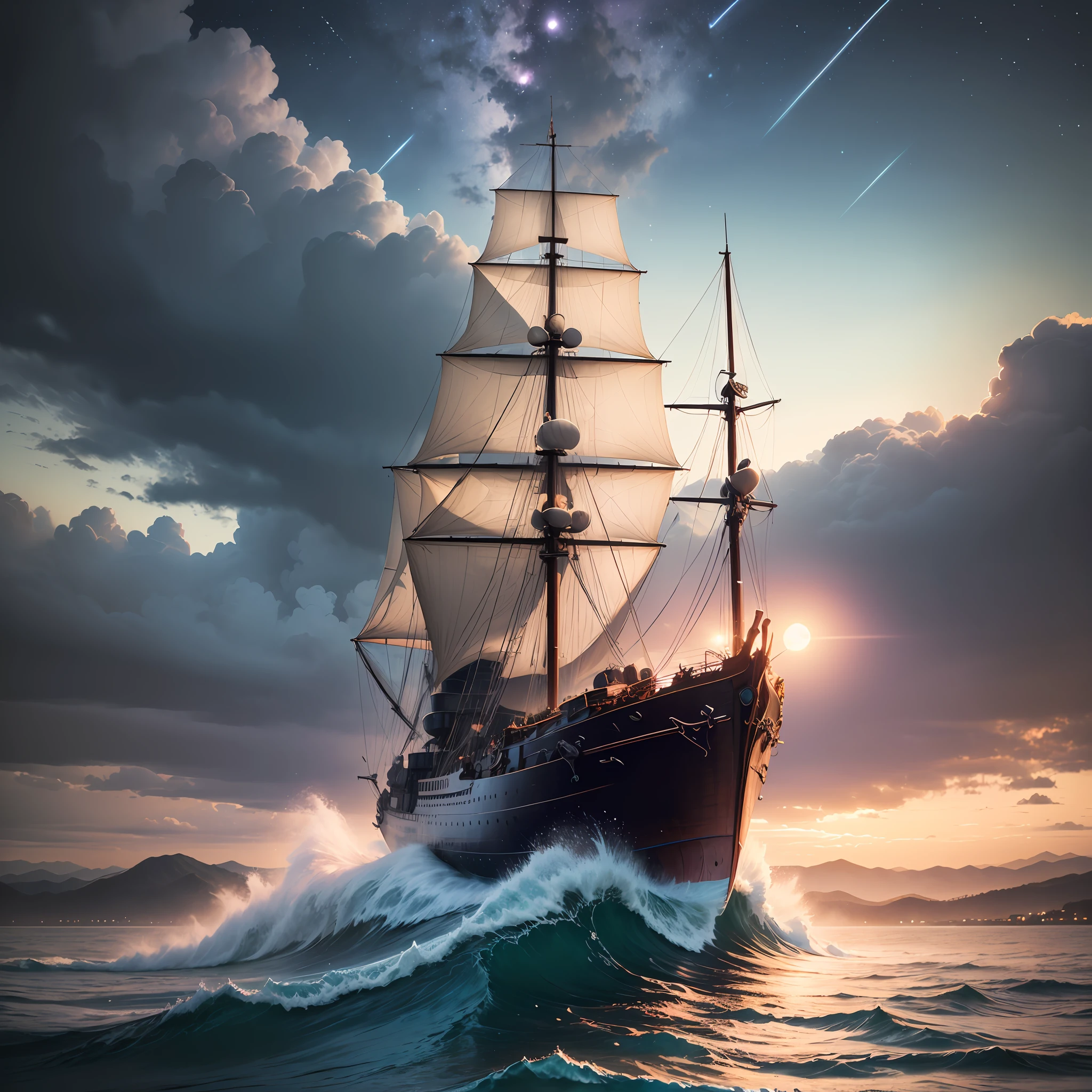 Computer visualized graphics, realistic fantasy, Extensive landscape ultra photography (general view, which shows a huge wooden sailing ship, with decks, 4 decks, stern, hold, + a lot of sails, + bow, + tank, + stern, + ut + decks
Horizontal platforms - decks, full moon, morning sky, blurred background, warm, yellow, purple background, morning, dawn, warm, magic, meteor shower, storm, waves, squall, natural element, rain, storm"Hyper-realistic textures," "Precise details," "Realistic still life," "Realistic portraits," "Realistic landscapes."" Majestic mountains,", "Hyper-realistic textures," Banksy, Liu Bolin, Ansel Adams, Yoshitaka Amano realistic fantasy, Extensive landscape ultra photography, blurred background, cool, turquoise shade, a bit of purple, airy color, magic, "Hyper-realistic textures," "Precise details," "Realistic still life," "Realistic portraits," "Realistic landscapes." Lit cityscapes,” “Starry skies,” “Moonlit landscapes,” “Night time portraits,” “Long exposures.” 16:9 --ar --auto