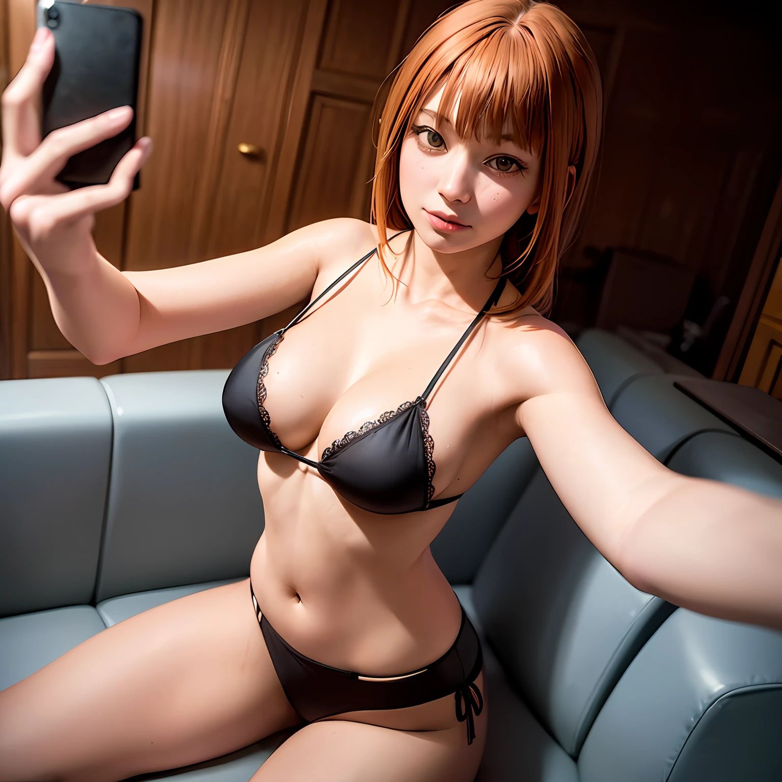 8K, Best Quality, Masterpiece, Ultra High Resolution, (Realistic: 1.4), Original Photo, (Realistic Skin Texture: 1.3), (Film Grain: 1.3), (Selfie Angle), 1 Girl, Beautiful Details Eyes and Face, Masterpiece, Best Quality, Close Up, Wearing a Tight Sheer Bikini, Bikini is Ultra Short and Ultra-Thin, Bikini is Mesh, Details Expose Two Nipples, Face the Camera, Sitting on the Sofa. --auto