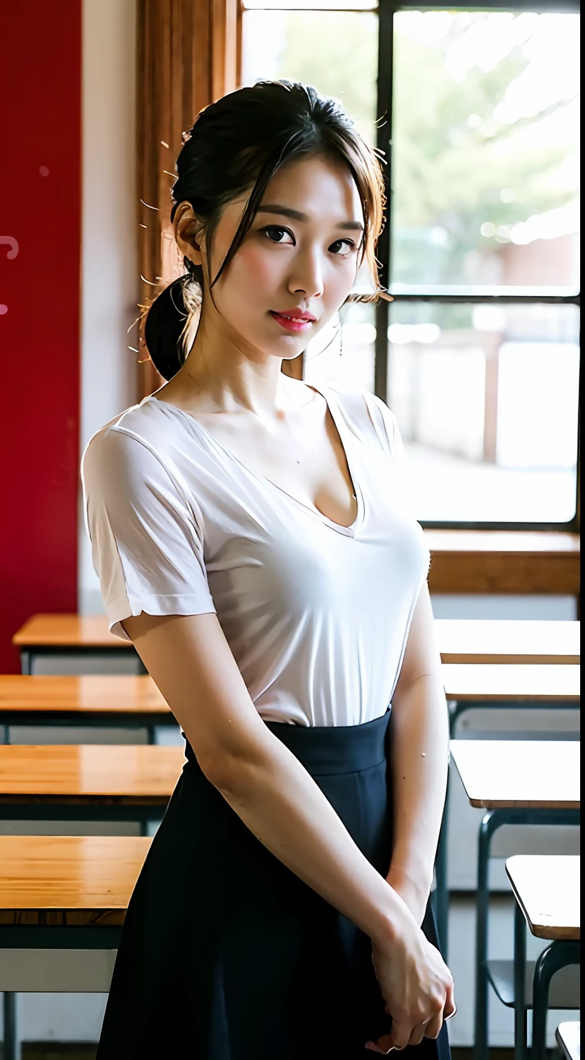 (Best Quality, 8k, 32k, Masterpiece, UHD: 1.2), Beautiful Japan Female Woman, Female Teacher, 24 Years Old, (Slender)))), (Small breasts)), (So Small Bust)))), Sweaty Skin, Upper Skin, Chignon Hair, Full Body Shot, Face Focus, Oversized White Blouse, Tight Black Skirt, In the classroom, Look at the viewer, blush