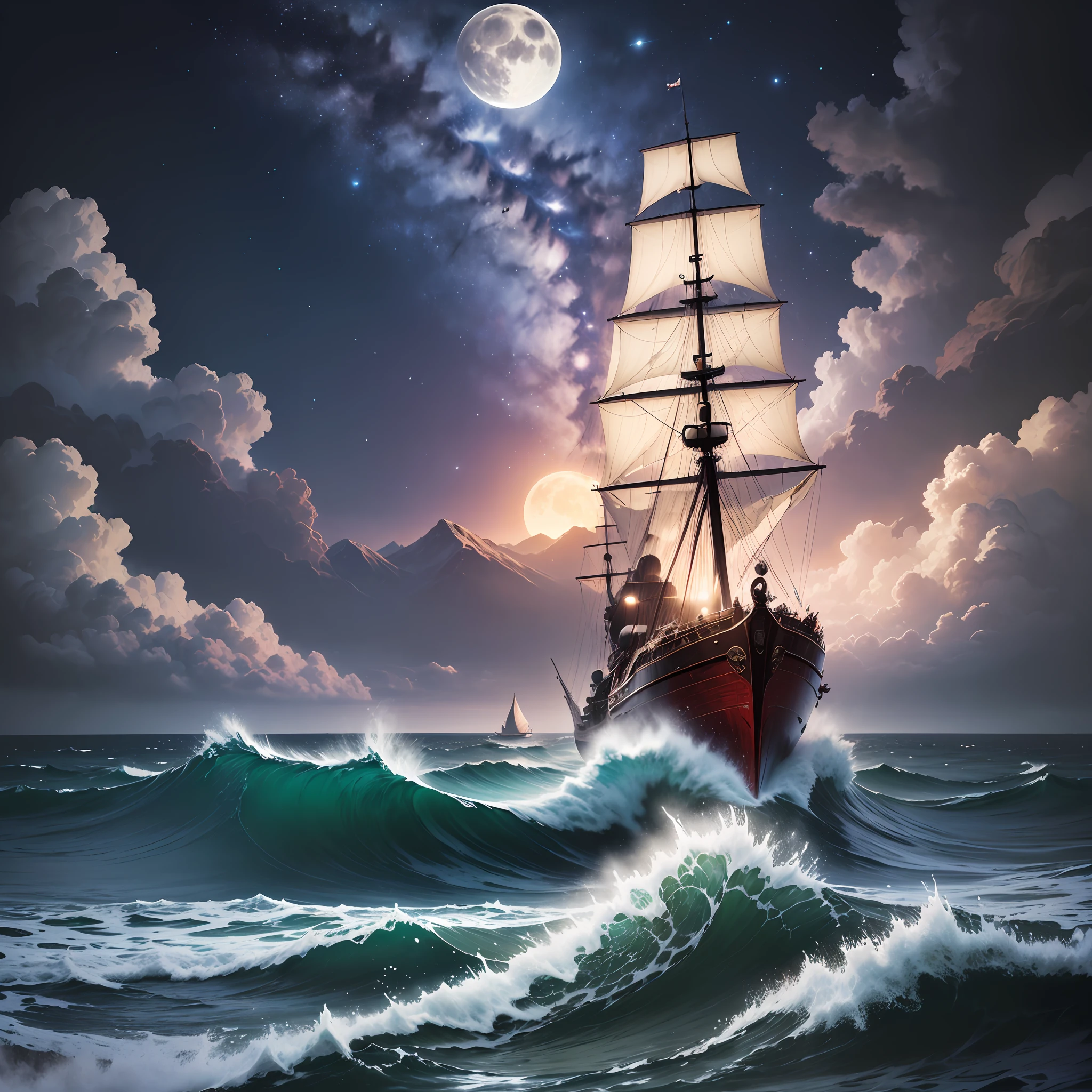 Computer visualized graphics, realistic fantasy, Extensive landscape ultra photography (general view, which shows a huge wooden sailing ship, with decks, 4 decks, stern, hold, + a lot of sails, + bow, + tank, + stern, + ut + decks
Horizontal platforms - decks, full moon, morning sky, blurred background, warm, yellow, purple background, morning, dawn, warm, magic, meteor shower, storm, waves, squall, natural element, rain, storm"Hyper-realistic textures," "Precise details," "Realistic still life," "Realistic portraits," "Realistic landscapes."" Majestic mountains,", "Hyper-realistic textures," Banksy, Liu Bolin, Ansel Adams, Yoshitaka Amano realistic fantasy, Extensive landscape ultra photography, blurred background, cool, turquoise shade, a bit of purple, airy color, magic, "Hyper-realistic textures," "Precise details," "Realistic still life," "Realistic portraits," "Realistic landscapes." Lit cityscapes,” “Starry skies,” “Moonlit landscapes,” “Night time portraits,” “Long exposures.” 16:9 --ar --auto