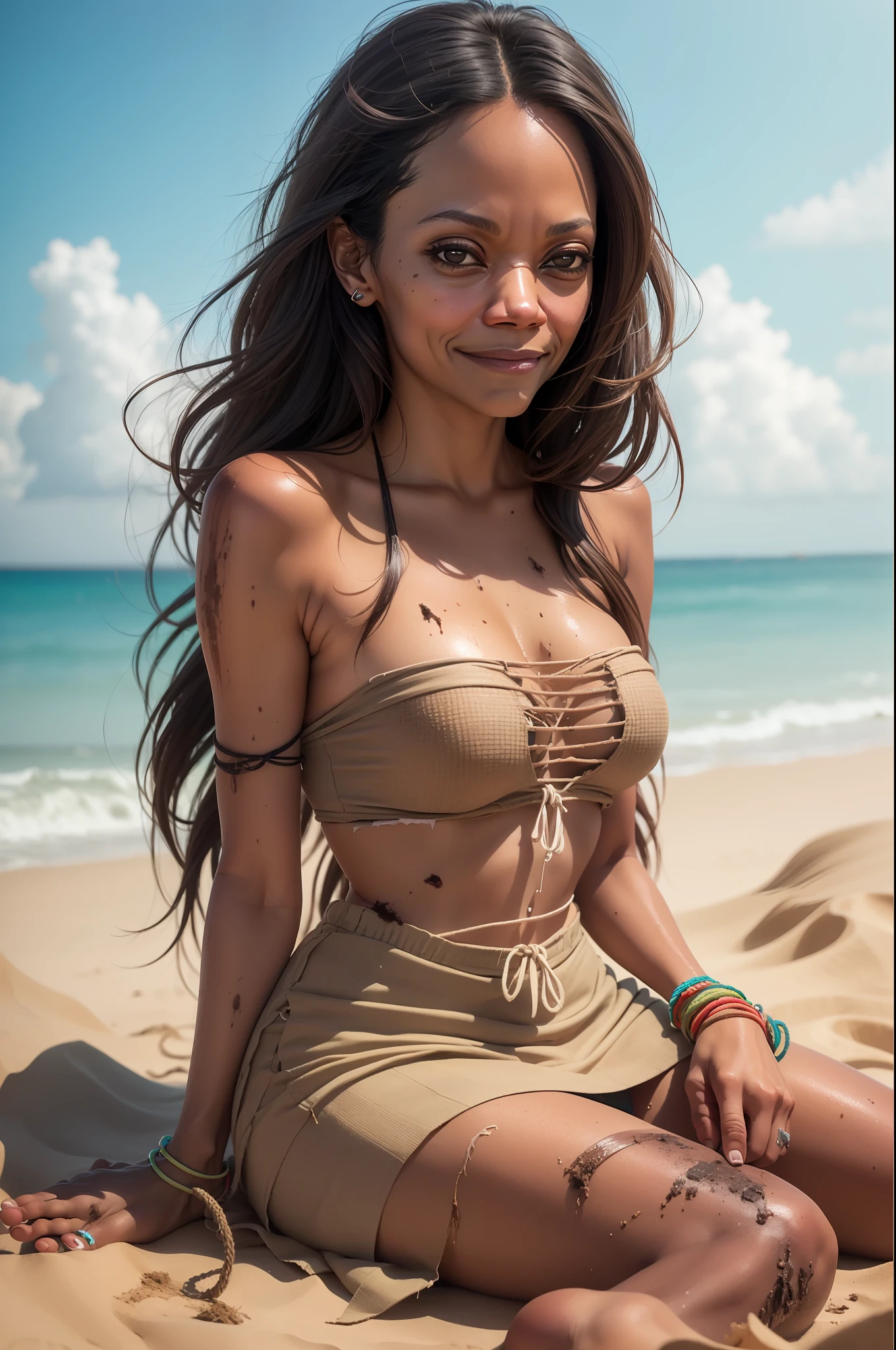 (((Zoe Saldana))), (the woman sits in the sand by the sea), in the background are palm trees, (small head), ((she wears torn clothes made of brown jute fabric)), ((tube top made of jute fabric)), ((skirt made of jute fabric)), (photorealistic), (ray tracing), (cinema lighting), (sharp focus), natural and realistic skin textures, ((big round breasts)), (big eyes), ((tousled hair)), ((all the skin and clothes are very dirty)), small ropes as bracelets, small ropes as leg ornaments, ((barefoot)), she smiles a little