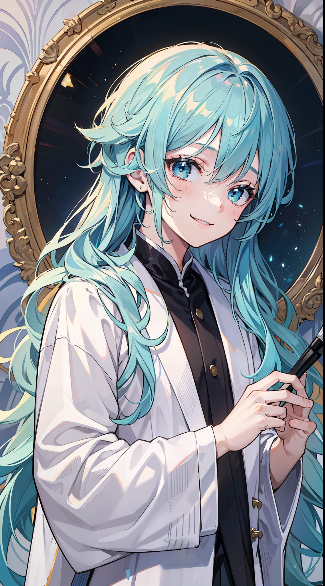 Young boy, long aquamarine hair, blue eyes, white artist robes, smile, brush, masterpiece, high quality