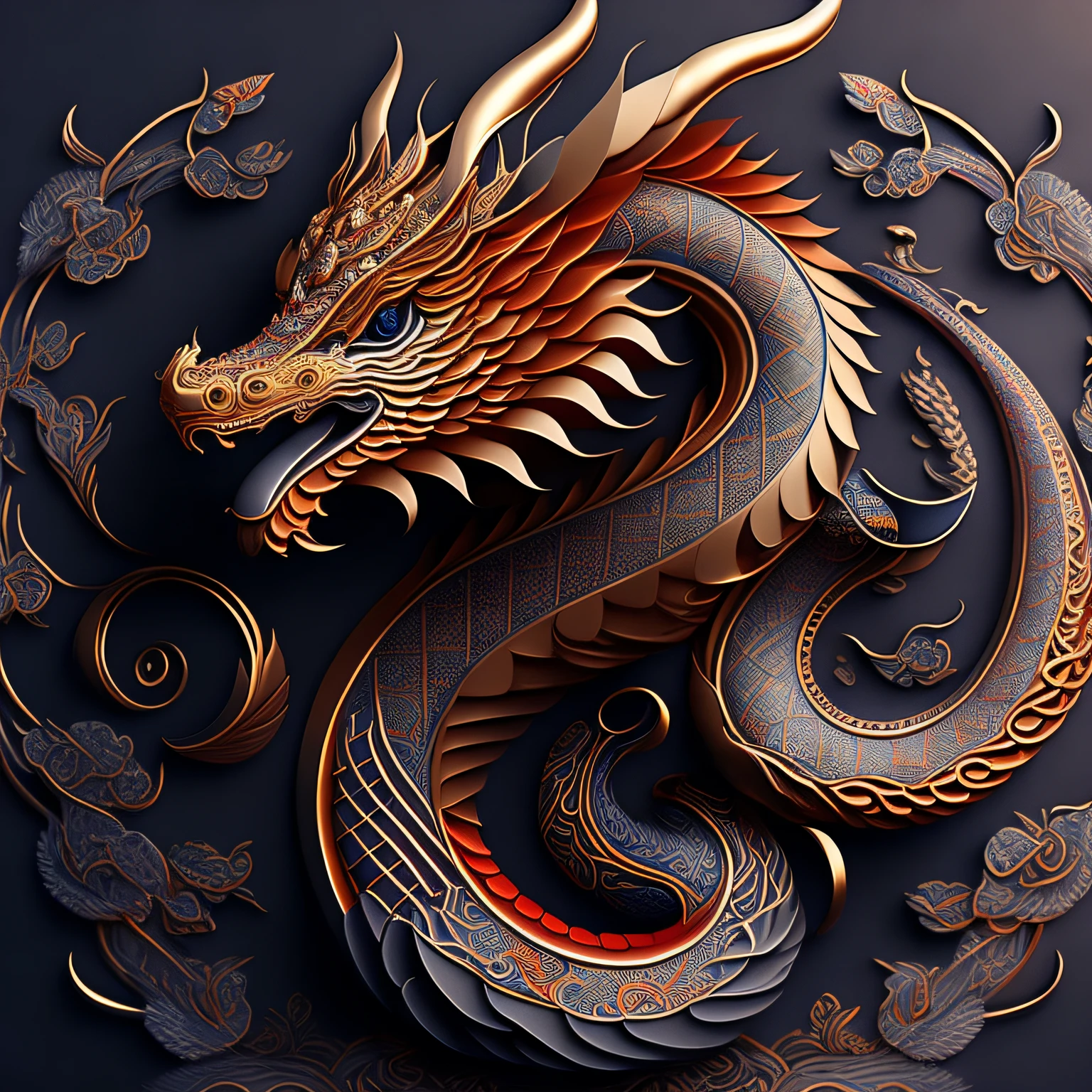 Intricate, (Digital Painting:1.2) Chinese Dragon, Conceptual Art, (Symmetry), (Coherent: 1.3), Trends in artstation, iolibt, vfx, Blender and Photoshop, excellent composition, cinematic atmosphere, dynamic dramatic cinematic lighting, aesthetics, very inspiring, art house