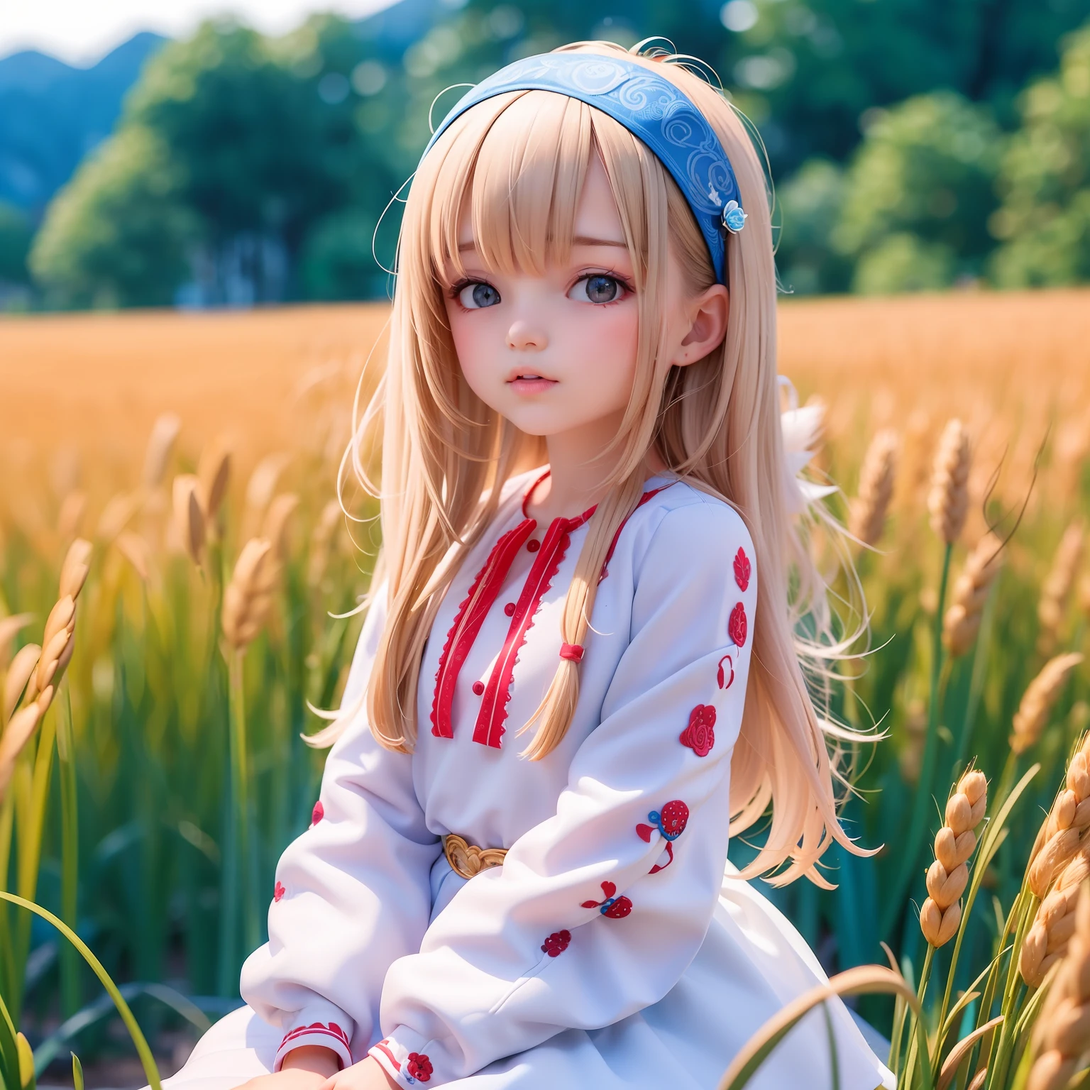 ((9year old girl:1.5)), complete anatomy, children's body, child, super cute, girl, ***********, random poses,random angles,

Ukrainian girl, wheat field, golden wheat field, embroidery,((( blue embroidery:1.5))),red embroidery,
Ukrainian, Russian, Belarusian, Sorochka, Ukrainian folk costumes,(red, blue, white), (red, blue, and white hairband),

 beautiful girl, 1 girl, ****, petite girl, top quality, masterpiece, high eyes,drooping eyes,(realism: 1.2)), petite, bangs, tall eyes, natural light,(aquamarine eyes),bangs, beautiful girl with fine details, Beautiful and delicate eyes, Beautiful girl, detailed face, Beautiful eyes, beautiful shining body, 8K images,