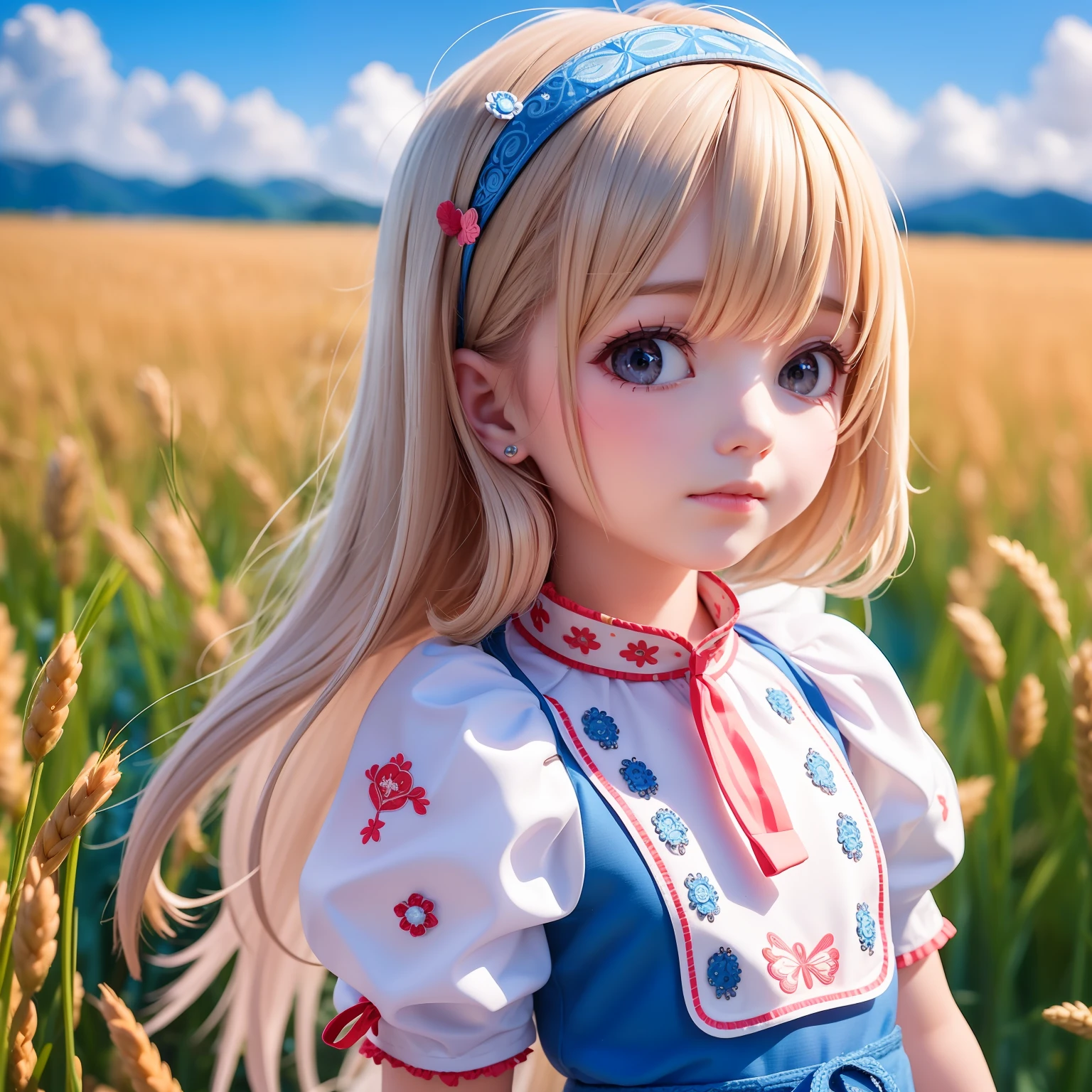 ((9year old girl:1.5)), complete anatomy, children's body, child, super cute, girl, ***********, random poses,random angles,

Ukrainian girl, wheat field, golden wheat field, embroidery,((( blue embroidery:1.5))),red embroidery,
Ukrainian, Russian, Belarusian, Sorochka, Ukrainian folk costumes,(red, blue, white), (red, blue, and white hairband),

 beautiful girl, 1 girl, ****, petite girl, top quality, masterpiece, high eyes,drooping eyes,(realism: 1.2)), petite, bangs, tall eyes, natural light,(aquamarine eyes),bangs, beautiful girl with fine details, Beautiful and delicate eyes, Beautiful girl, detailed face, Beautiful eyes, beautiful shining body, 8K images,