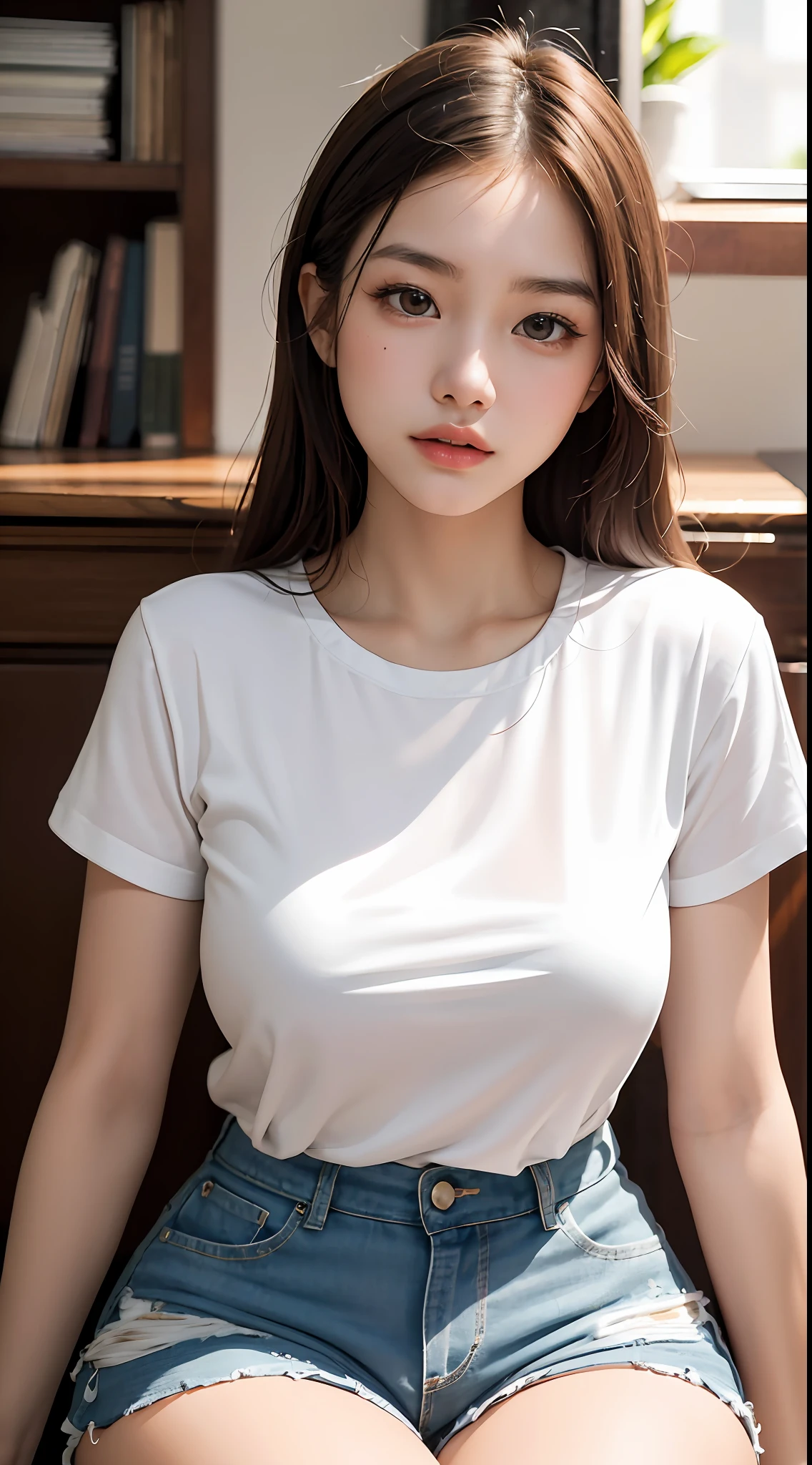 Masterpiece,(Most Realist:1.5),Max Resolution,Max Face Resolution,Maximum Environmental Detail,Most Beautiful Woman,,Thai Woman,Thai,age Girl,Fair Skin,Big Eyes,Beautiful Eyes,Short,Wearing White T-Shirt Shorts,Bright Face,Most Beautiful Nose,Sitting in Study