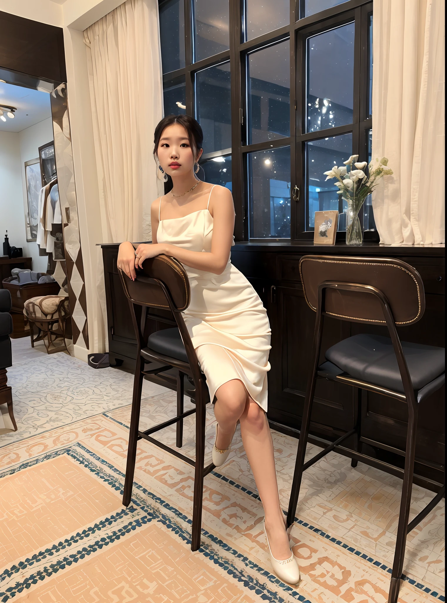 araffe woman sitting on a chair in a room with a window, tube-top dress, actress, 🤬 🤮 💕 🎀, jia, light half opened dress, soft silk dress, summer evening, ivory, amber, elegant dress, simple cream dress, very low quality, elegant pose, very very low quality