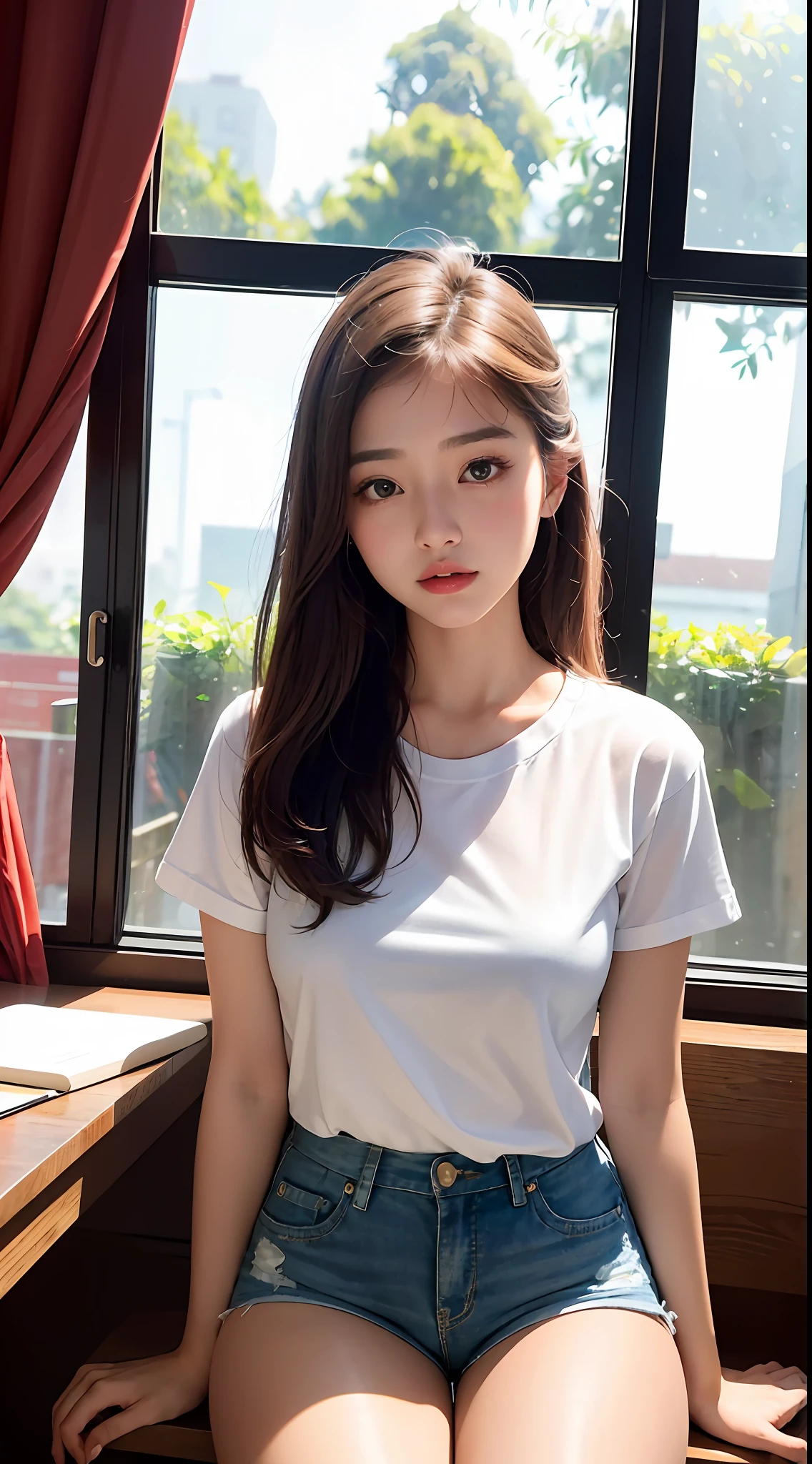 Masterpiece,(Most Realist:1.5),Max Resolution,Max Face Resolution,Maximum Environmental Detail,Most Beautiful Woman,,Thai Woman,Thai,Teenage Girl,Fair Skin,Big Eyes,Beautiful Eyes,Short,Wearing White T-Shirt Shorts,Bright Face,Most Beautiful Nose,Sitting in Study
