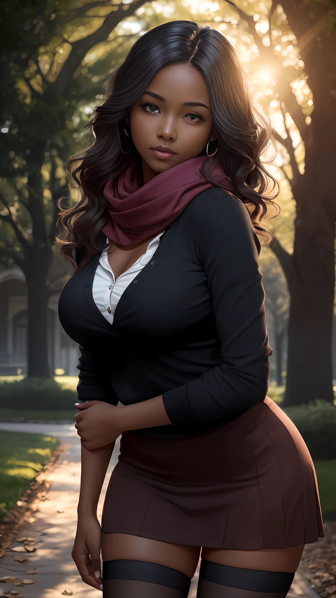 1girl, masterpiece, high resolution, extreme detail, nvidia rtx, 8k, hdr, beautiful 18 year old woman with dark skin, dark skin, dark hair , wavy hair, cheeks blushing, very dark lipstick, sweater unbuttoned, skin tight shirt unbuttoned, scarf, mini skirt, tights, large breasts, bending over, leaning over, outdoors, college campus, sunlight, sunbeams, volumetric lighting, subsurface scattering, 3/4 long shot, cowboy shot, sexy pose, seductive pose, erotic pose