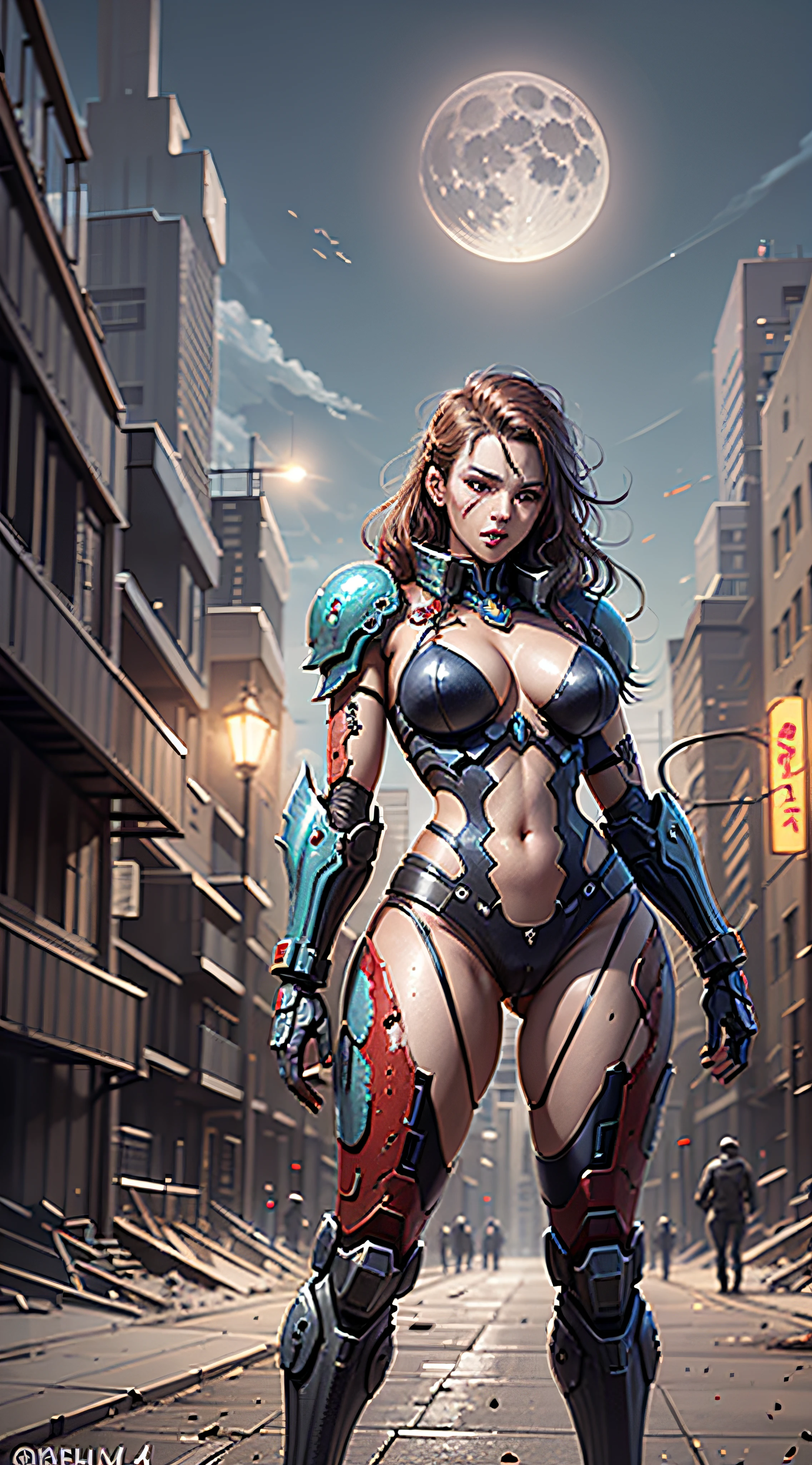 Space Marine, Harhammer 40,000, World at War, Beautiful Cyberpunk Woman with Very Detailed Mecha Treatment, Vibrant Colors, Metallic Red, Bloodstained, With Sky With Clouds And Full Moon, Full Body With Detailed Armor,