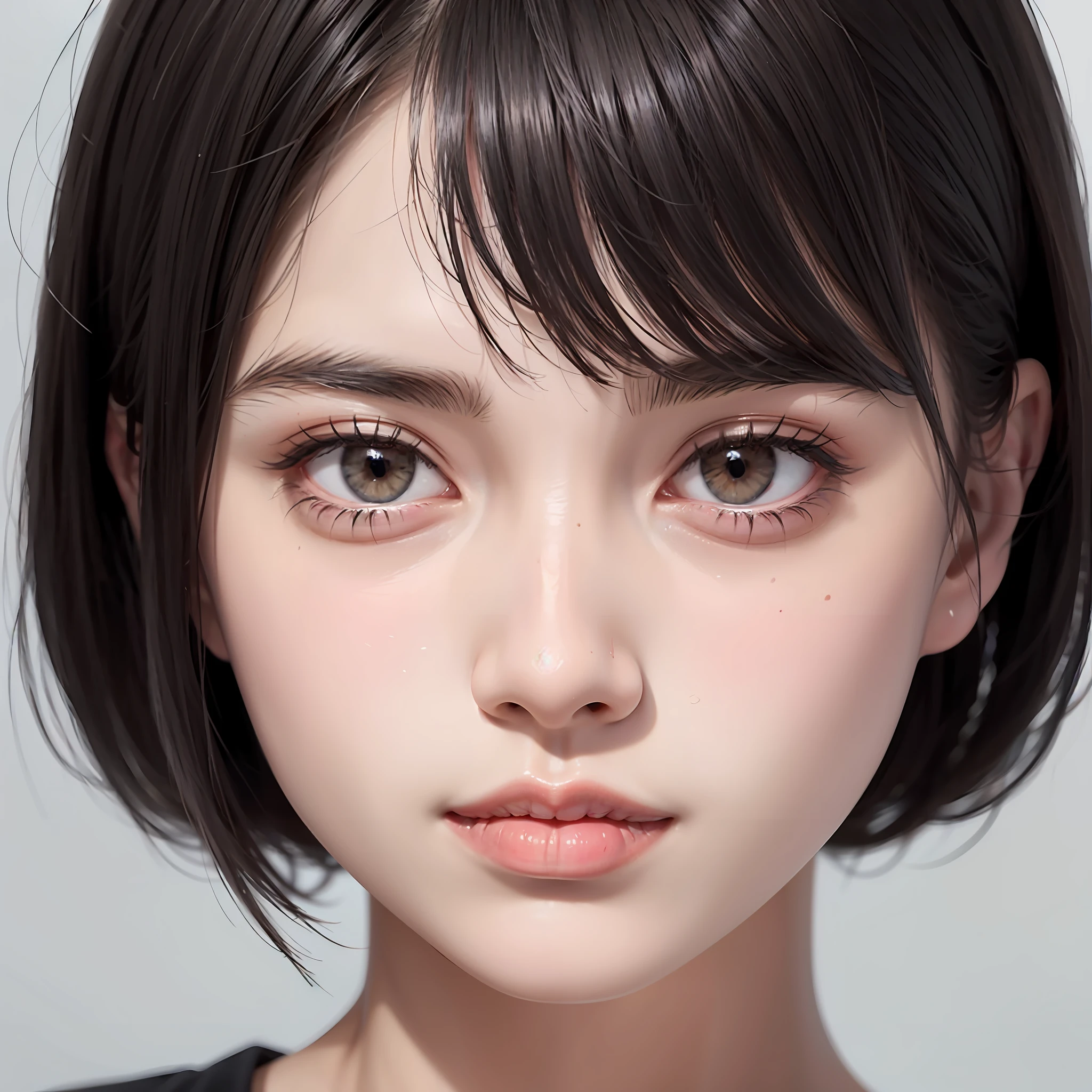 there is a woman with a short hair and a black shirt, beautiful japanese girls face, cute natural anime face, girl cute-fine-face, soft portrait shot 8 k, close up of a young anime girl, young adorable korean face, japanese facial features, portrait of a japanese teen, black hair and large eyes, short brown hair and large eyes