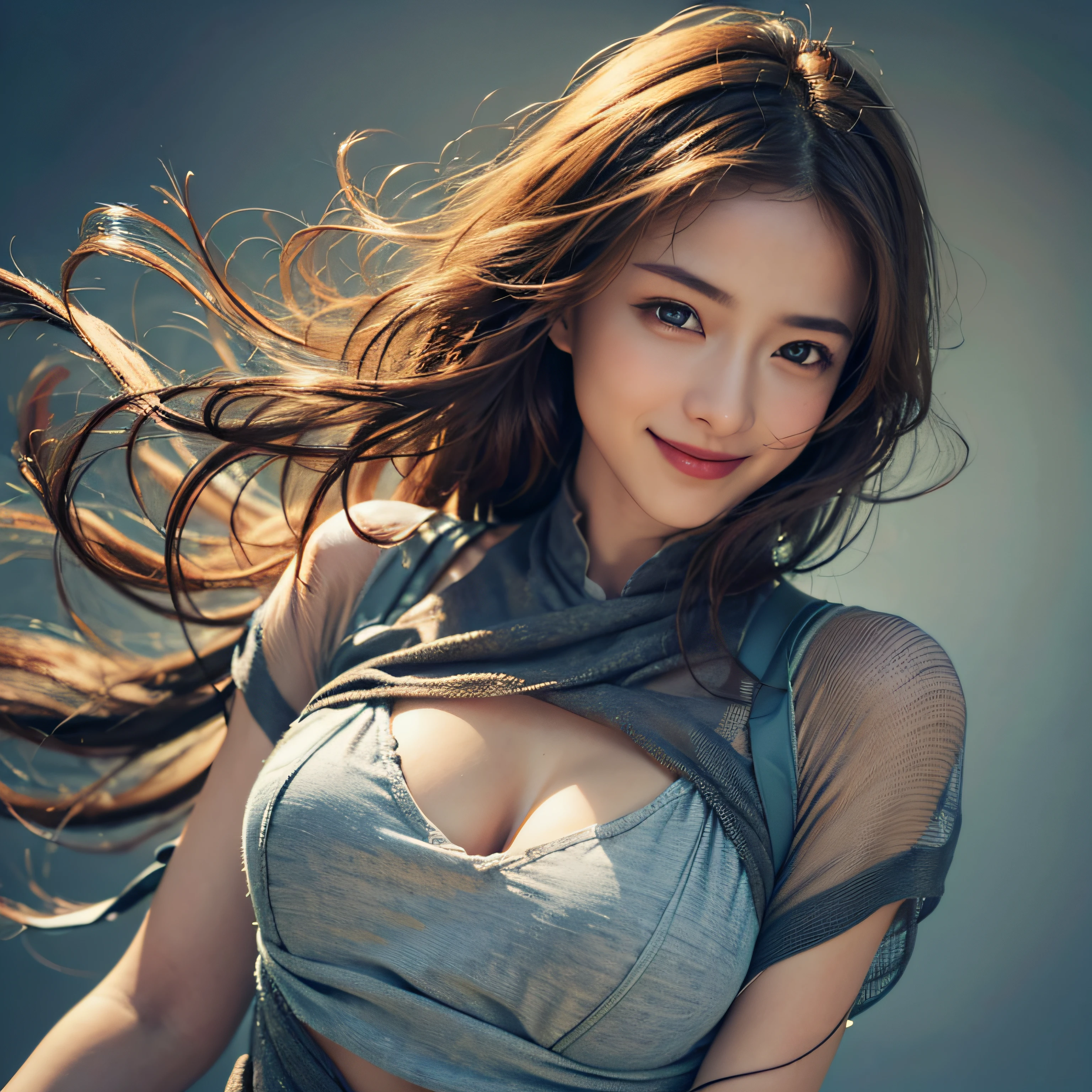(8k, RAW photo, top quality, masterpiece: 1.2), (realistic, photorealistic: 1.37), ultra detail, ultra high resolution, one woman, watching, C-cup, beautiful detailed face, smile, constriction, (slim waist): 1.3), shirt, upper body angle, beautiful detailed skin, skin texture, floating hair, professional lighting,