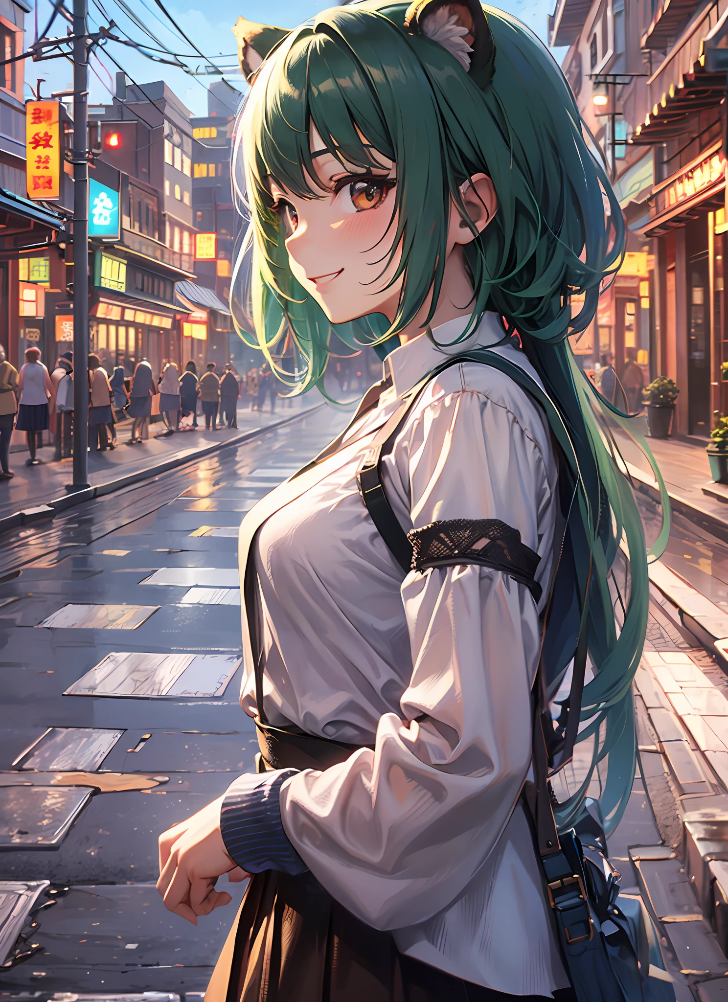 A li, upper body, smile, blush, outdoors, daytime, simple background, blue sky, short green hair, brown skirt, black fishing net, sky, tanuki, looking at the audience, street, moody lights