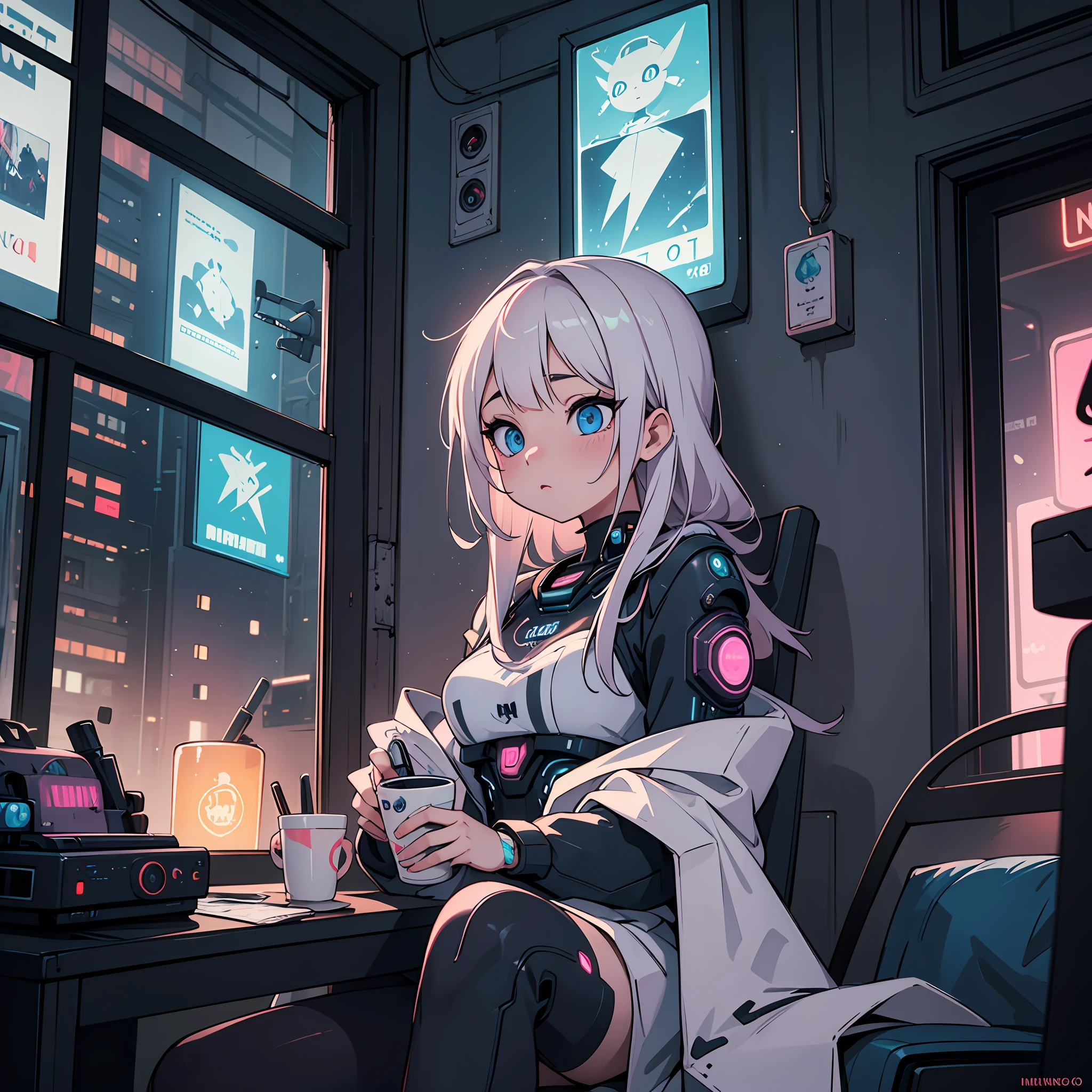 (masterpiece, best quality, ultra detailed),(cyberpunk, neon, cyber,) 1girl, anime, pretty eyes, long eyelashes, cozy blanket, long sleeve and short pajamas, fluffy texture, with a cup of hot cocoa, winter vibes,, cute decorations, cyborg, punk, neon lights, techno, technology, neon cityscape on the window