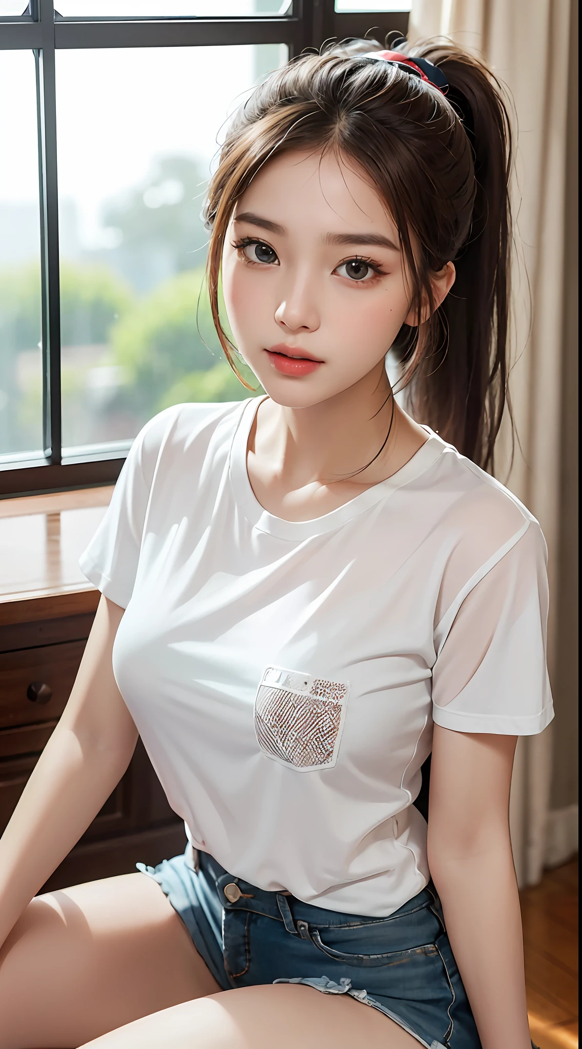 Masterpiece,(Most Realist:1.5),Max Resolution,Max Face Resolution,Maximum Environmental Detail,Most Beautiful Woman,,Thai Woman,Thai,Teenage Girl,Fair Skin,(Ponytail Tie Cut),Big Eyes,Beautiful Eyes,Short,White T-Shirt Shorts,Bright Face,Most Beautiful Nose,Sitting in Study