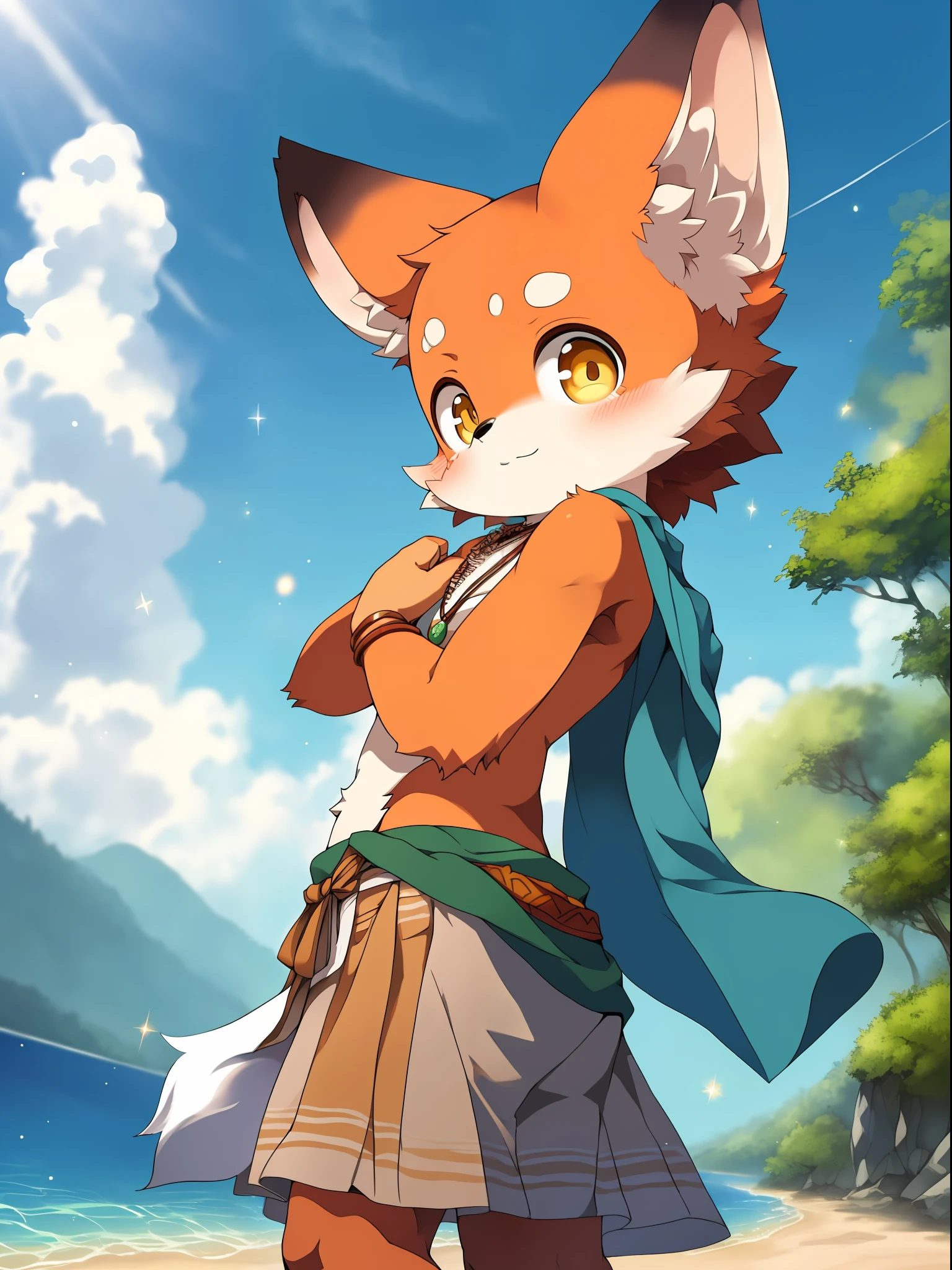 Masterpiece, high quality, absurd resolution, digital painting \ (artwork \), Sumi Kuroi, Yupa, Kiyoyama. Soft light, solo, (human male fox), (orange body), sunlight, beach, loincloth, sea, clouds, darkness, bright, sand, from the side, necklace. Panorama, portrait, 135mm, viewer, person in focus. Detailed background, amazing background, outdoor, landscape, light particles, standing