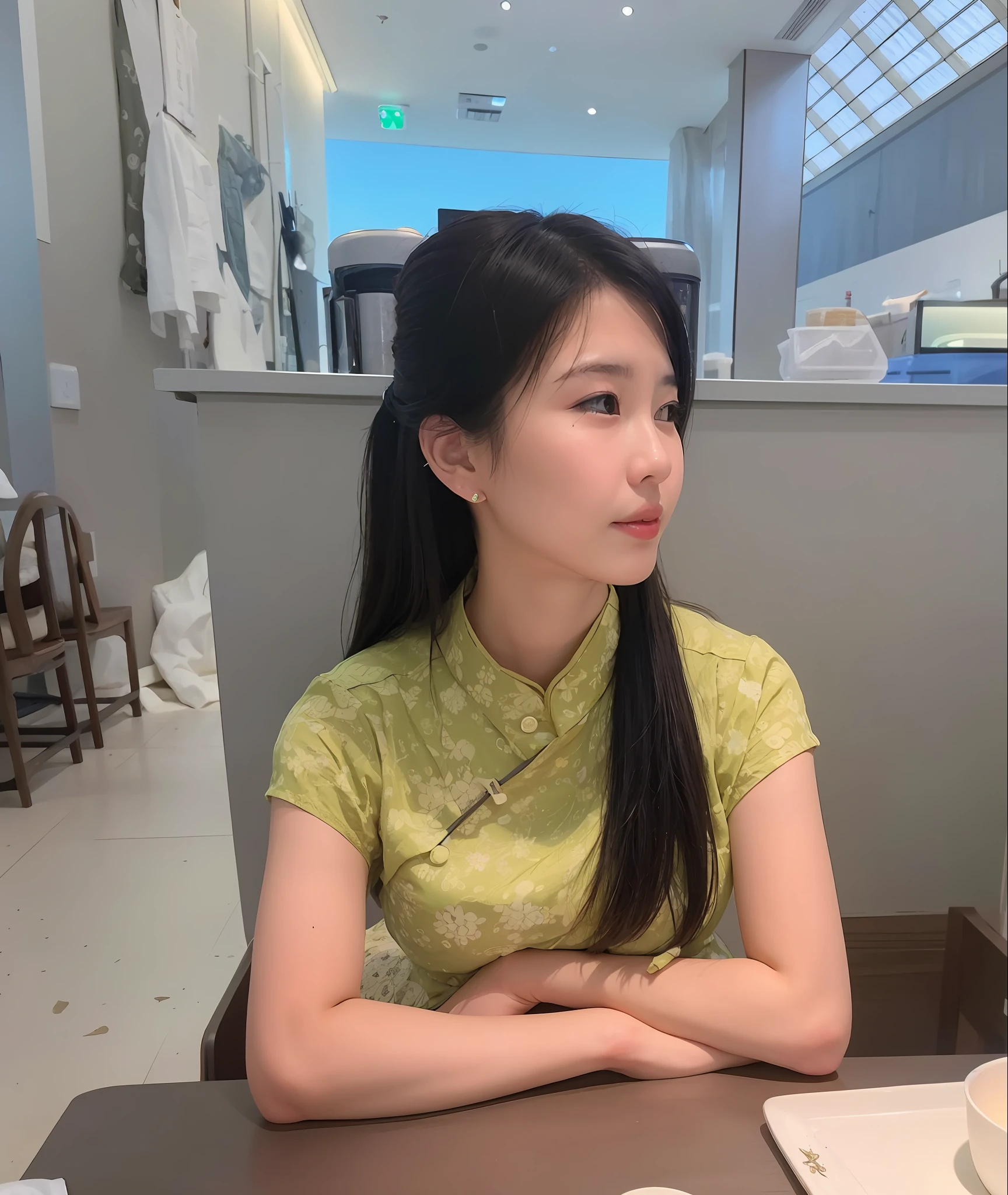 there is a woman sitting at a table with a plate of food, a young asian woman, chinese girl, wenfei ye, 2 , 2 8 years old old, xintong ce woman, an asian woman, xision wu, very very low quality, chinese style, 2 3 years old, li zixin