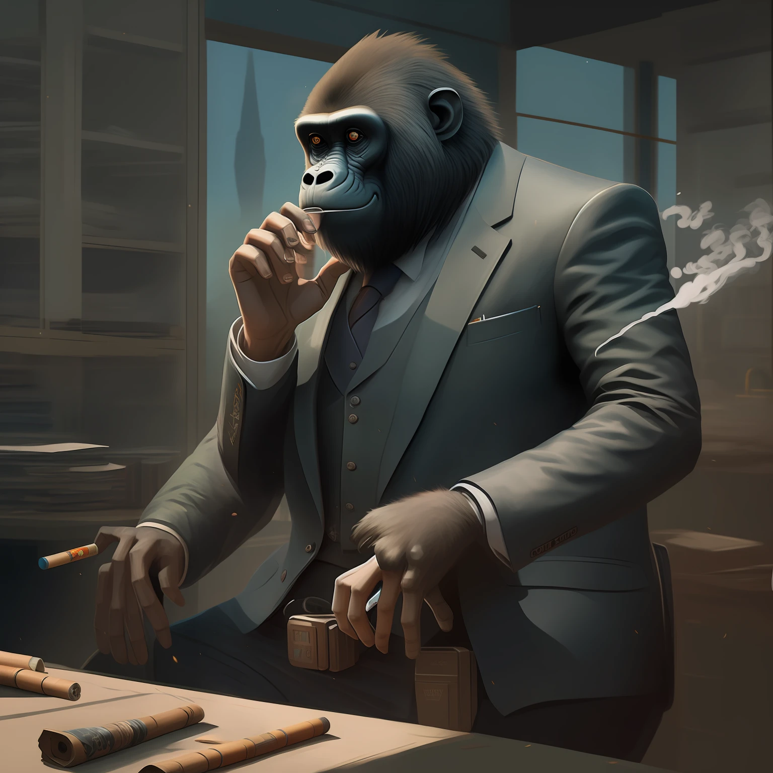 Gorilla in suit smoking cigarette and smoking cigar, wojtek fus, boring ape NFTs, concept art like Ernest Halimov, overwatch monkey Winston, art station headquarters", very realistic concept art, highly detailed official artwork, primitive ape style, ultra-realistic concept art, baboons in suits and ties, Two arms, five fingers in one hand, age 100 years, smart, all hair silver,