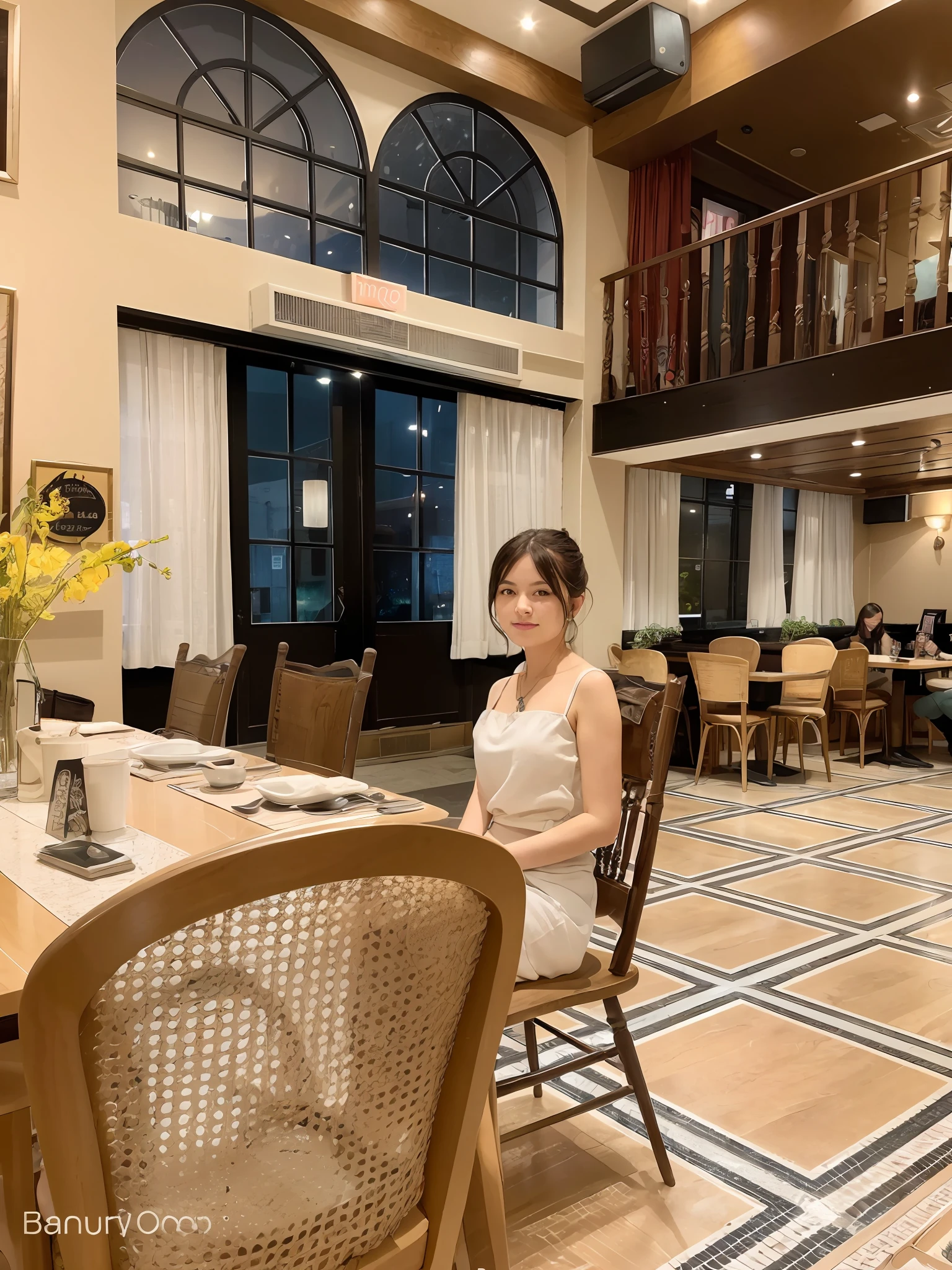 there is a woman sitting at a table in a restaurant, sitting in a cafe alone, sitting in a cafe, sitting at table, sitting alone in a cafe, captured on canon eos r 6, standing in a restaurant, in a bright cafe, 🤬 🤮 💕 🎀, restaurant!!, indoor setting, sitting on a mocha-colored table, restaurant!