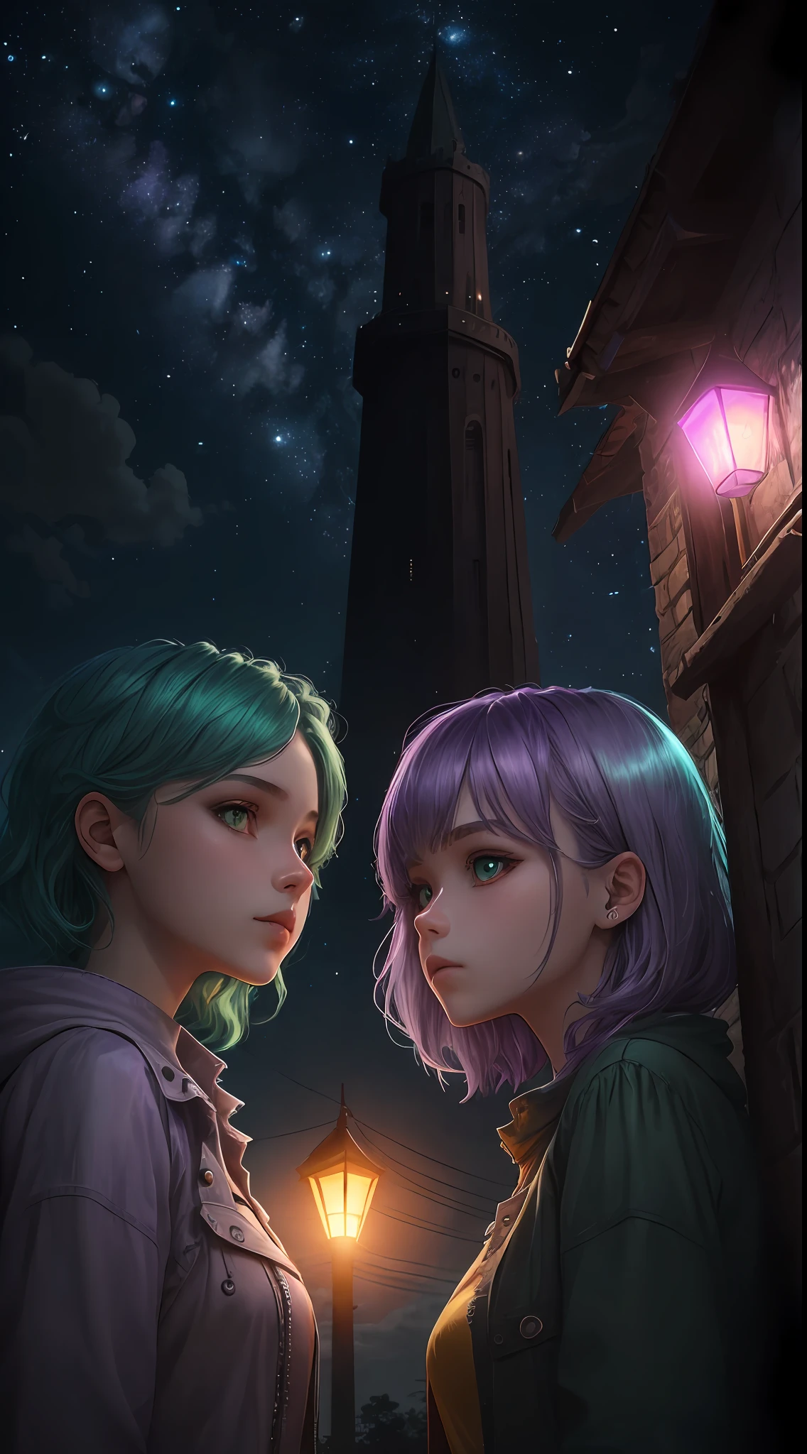 masterpiece, best quality, high quality, high definition, high quality texture, high quality shadow, high detail, realistic, cinematic light, side lighting, lens reflection, ray tracing, sharp focus, two girls apart from each other, one girl with green hair, and the other with purple and lilac hair, and yellow and cyan eyes, they are on top of a tall tower with the night and starry sky --auto