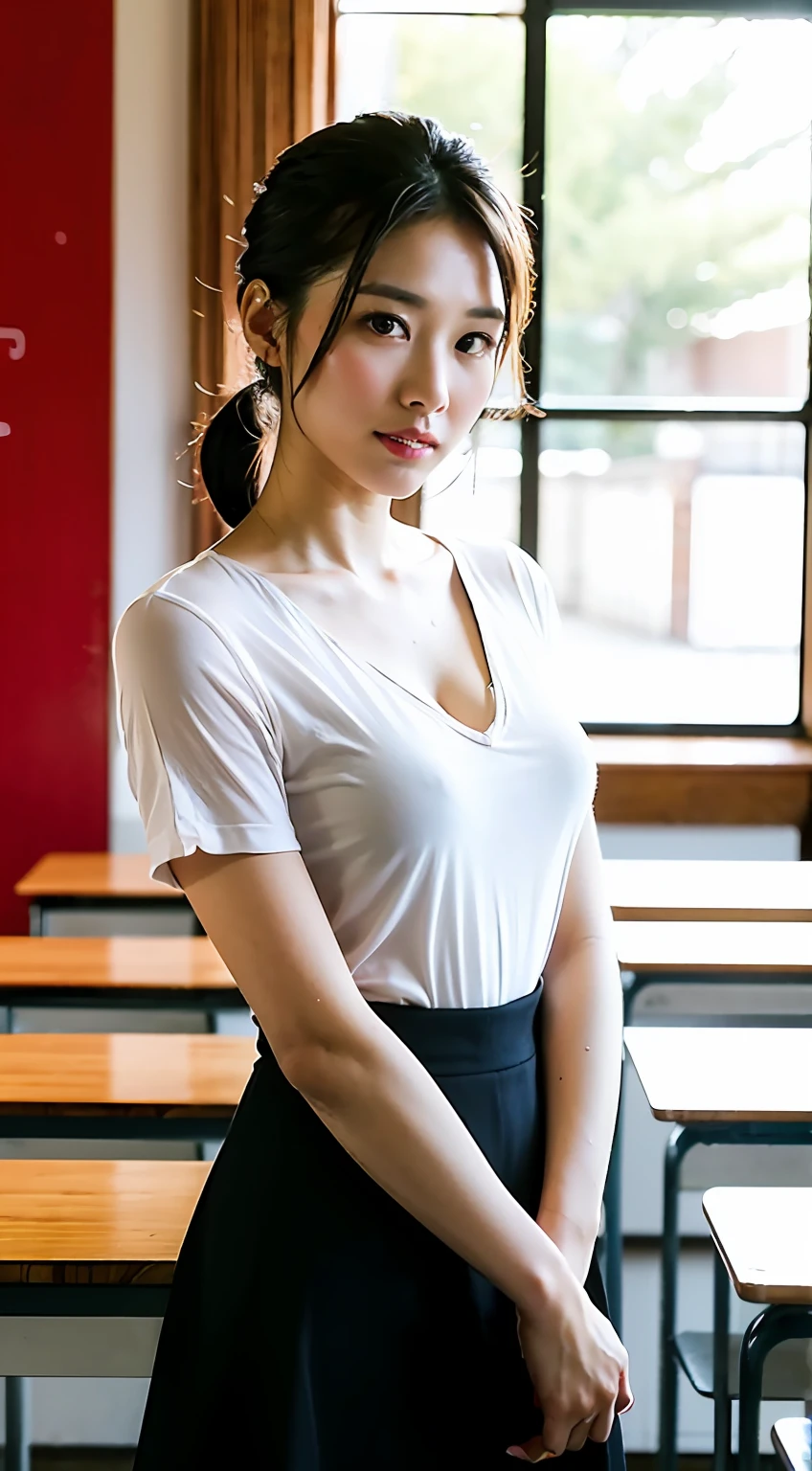 (Best Quality, 8k, 32k, Masterpiece, UHD: 1.2), Beautiful Japan Female Female Photography, Female Teacher, 24 years old, (Slender)))), (Small breasts)))), (Very Small Bust)))), Upper Skin, Chignon Hair, Full Body Shot, Face Focus, Oversized White Blouse, Tight Black Skirt, In the Classroom, Looking at the Viewer, Grueling