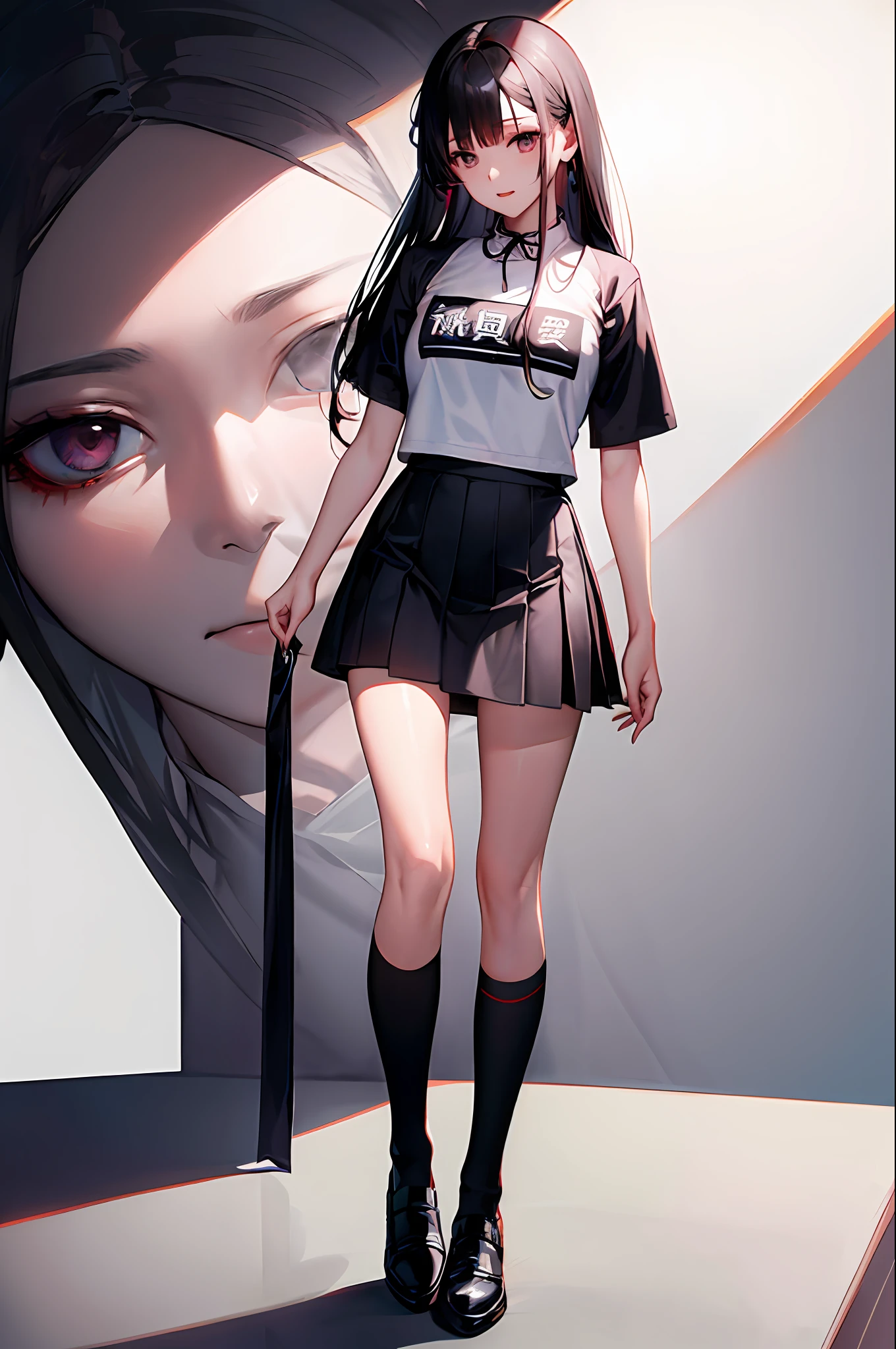 坐着双腿趴开 内裤可见(masterpiece, best_quality)), 1girl, (真实感:1.4), solo, white_background, black_hair, long_hair, zettai_ryouiki, skirt, ((full_body)),