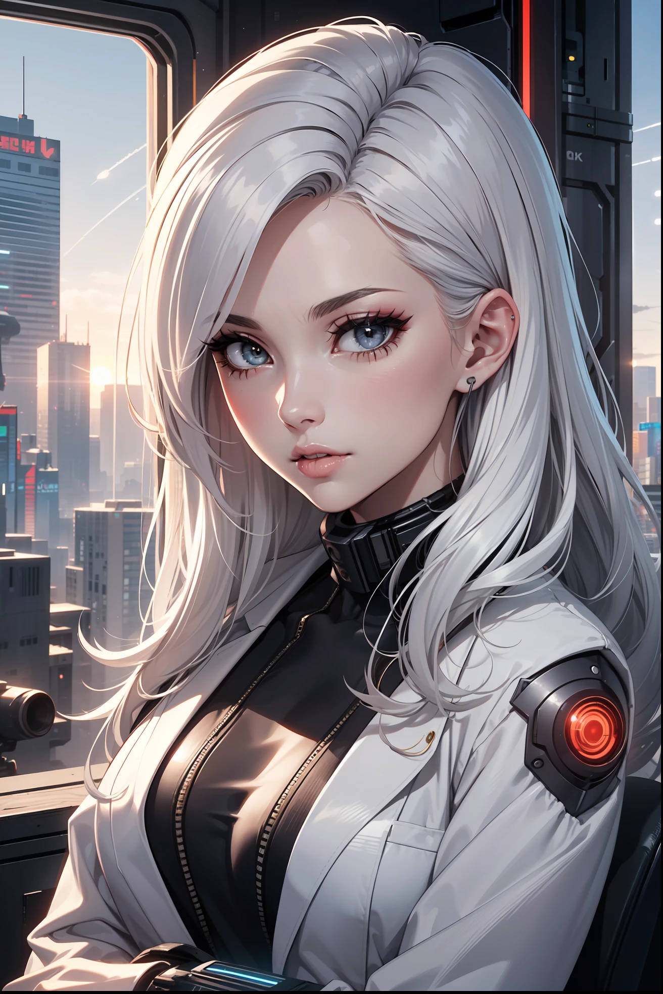 (masterpiece:1.3), (8k, photorealistic, RAW photo, best quality: 1.4), (1girl), beautiful face, (realistic face), Nice hairstyle,Realistic Eyes,Nice detail eyes,(Realistic Skin),Beautiful Skin,Ridiculous,attractive,Ultra high Resolution,an ultra realistic,RAWExtremely detailed,golden proportions, Woman wearing business outfit, white formal blazer, white blouse, white high waist business skirt, beautiful, masterpiece, best quality, perfect lighting, (white hair:1.4), long hair, (grey eyes:1.2), slender build, thin, medium breasts, business woman, ceo of small arms and aerospace centered mega corporation, sitting in luxurious black office chair, giant modern window with view of dusk cyberpunk city skyline in background, torso shot, dusk, (cyberpunk city background:1.3), (Hazy sky:1.2), (Dim red sun:1.3), eyelashes, dark eyeliner, cyberpunk, older, sleek modern-futuristic office, (white clothes:1.2), (aerospace:1.1)
