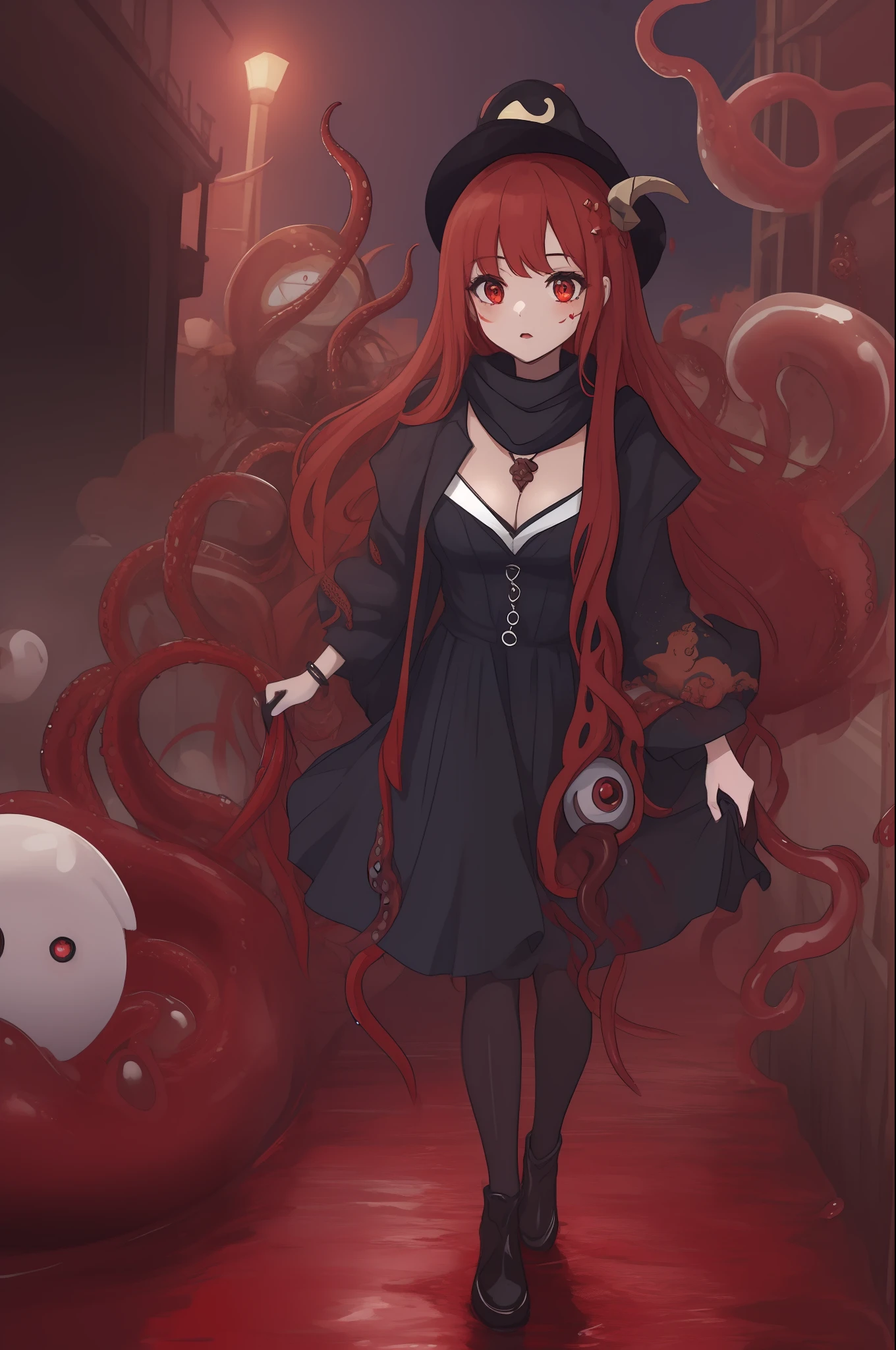 ((best quality)), (((masterpiece)), (highres), original, extremely detailed 8K wallpaper, [a very delicate beauty (boy) with long crimson hair, scarf, feathers and cowboy hat], (beautiful and detailed red eyes: 1.1), solo, full body, yandere, deranged, (eyeshine, glitter eyes)), Alice Prin, official art, concept art, rayonism, (partial skin exposure: 1.2), (oily skin: 1.3), (reflective skin: 1.1), blood mist, blood cherry blossoms, blood rain, beautiful detail shadows, splashed blood, dust, many feathers, light axis, good lighting, steampunk, (open legs: 1.3), (emphasis cleavage), (Shoggoth boy: 1.5), (kawaii:1.3),(slimy:1.4),(long hair),((tentacles,many eyes)), (the all seeing eyes), anatomy, error, missing fingers, cropping, worst quality, blurry, bad feet, ugly, duplicate, extra fingers, mutated hands, mutations, deformation, blur, poor anatomy, cloned faces, disfigurement, ugly, redundant limbs, poor anatomy, worst quality, blurred, (deformed limbs: 1.2), Missing arms, missing legs, extra arms, extra legs, long neck, very long hair, more than one person, (1girl:1.3), (blood: 1.5), (Azathoth:1.4), Nyarlathotep, Cthulhu, Ghatanothoa, Tawil-at-U′mr, Aforgomom, chaugnar Faugn, Cthugha, Aphoom-zhah, Hastur，lthaqua，Lloigor，Zhar，Nug，Yeb，Basatan，Yig，Nyogtha，Bokrug，Shudde M_ell，Atlach-Nacha，Rlim shaikorth，Eihort，Glaaki，Tsathoggua，Abhoth，Ubbo-sathla，Ghroth，Yog-sothoth， Shub-Niggurath，Nyarlathotep，