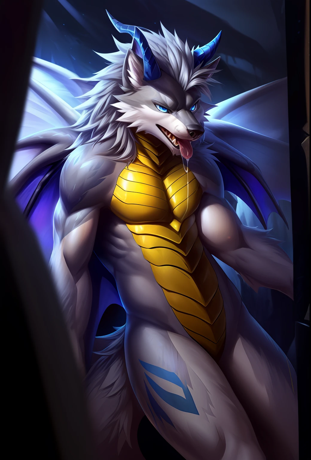 POV, correct anatomy, furry, furry, ((lair (dragon-wolf hybrid), male, red details on arms, legs and ears, wolf nose, one blue eyes and one red, cute, yellow skin, blue horns, gray pectoral scales, large wolf tail, dragon wings, fluffy gray hair))). Bare body, rough slits, milk, splashed on body, saliva, extremely detailed art, tesudo, gorgeous colors, professional photos, various angles, detailed landscapes, hdt, tinta, dark light, more seductive settings, ultra 8k, HDR.