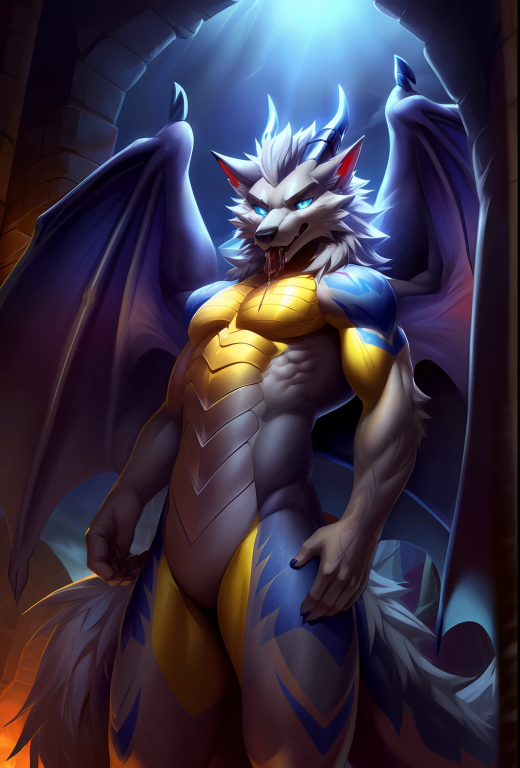 POV, correct anatomy, furry, furry, ((lair (dragon-wolf hybrid), male, red details on arms, legs and ears, wolf nose, one blue eyes and one red, cute, yellow skin, blue horns, gray pectoral scales, large wolf tail, dragon wings, fluffy gray hair))). Bare body, rough slits, milk, splashed on body, saliva, extremely detailed art, tesudo, gorgeous colors, professional photos, various angles, detailed landscapes, hdt, tinta, dark light, more seductive settings, ultra 8k, HDR.