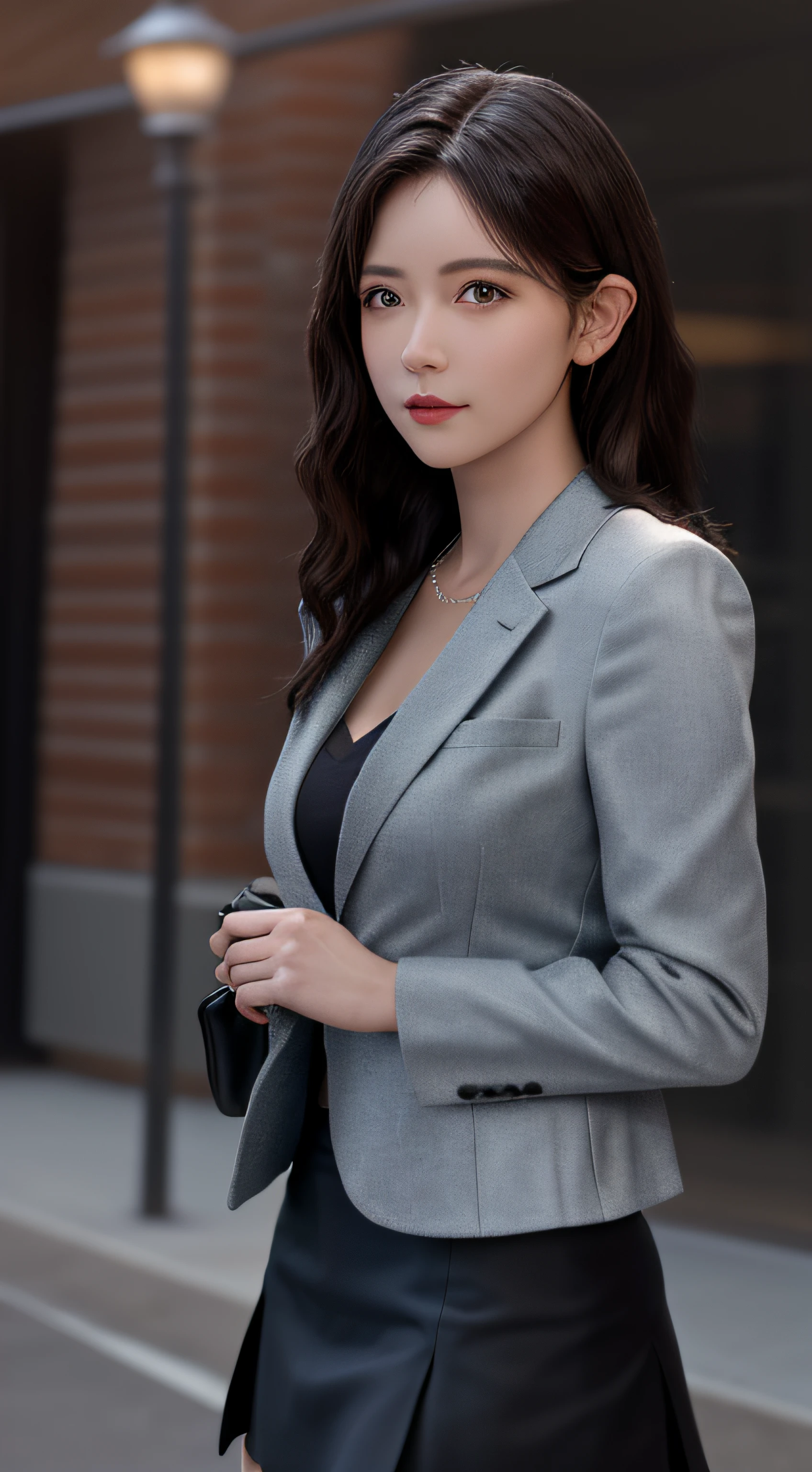 best quality, masterpiece, 1girl, Beautiful face, (photo realistic:1.3), rim lighting, (high detailed skin:1.2), 8k uhd, dslr, high quality, high resolution, 4k, 8k, Bokeh, absurdres, best ratio four finger and one thumb, (realistic:1.3), cute 1girl, wearing black formal blazer, medium breasts, short skirt,