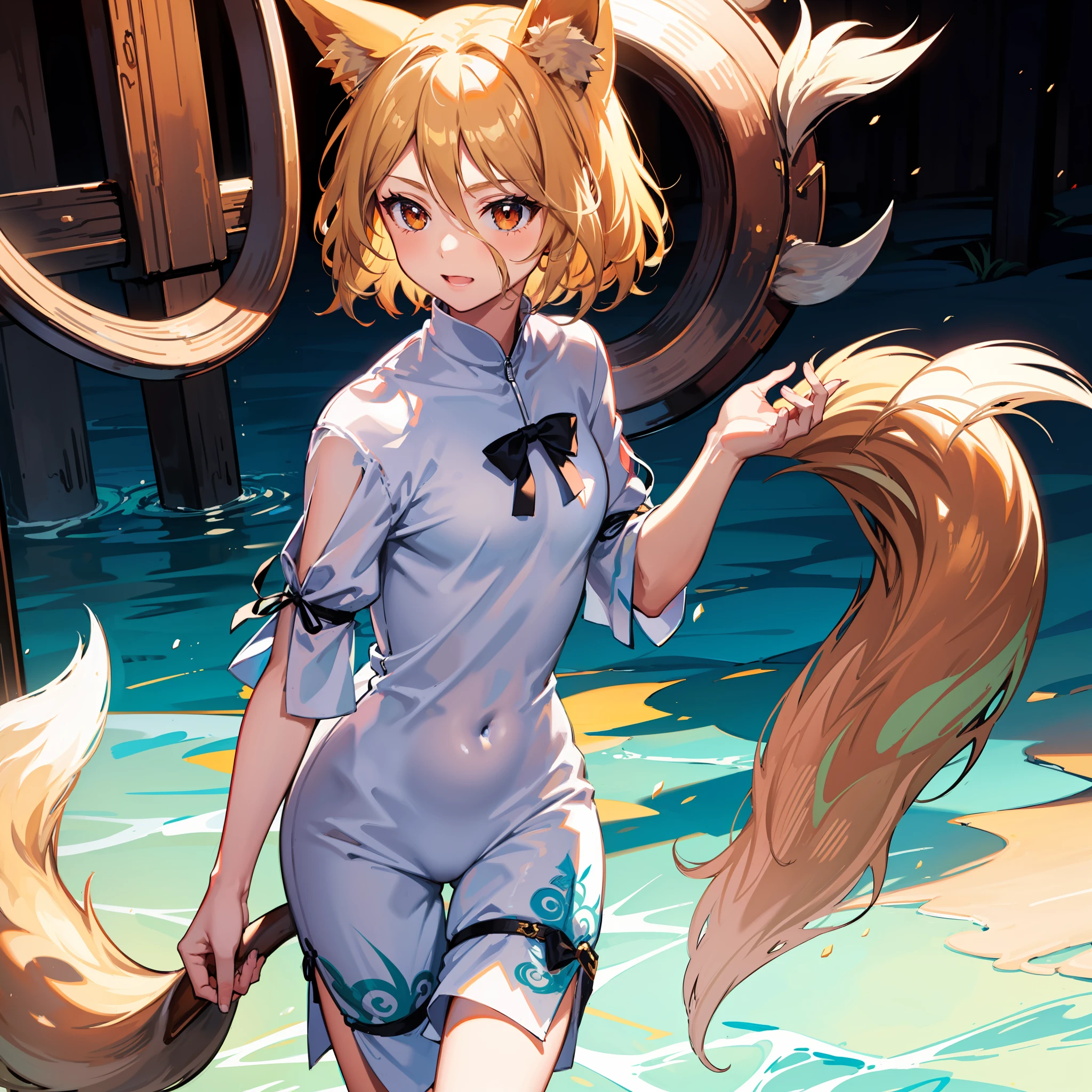 an abstract painting of a girl with blue horns and white hair holding an item, kudamaki tsukasa, 1girl, animal ears, tail, fox tail, fox ears, romper, solo, blonde hair, short hair