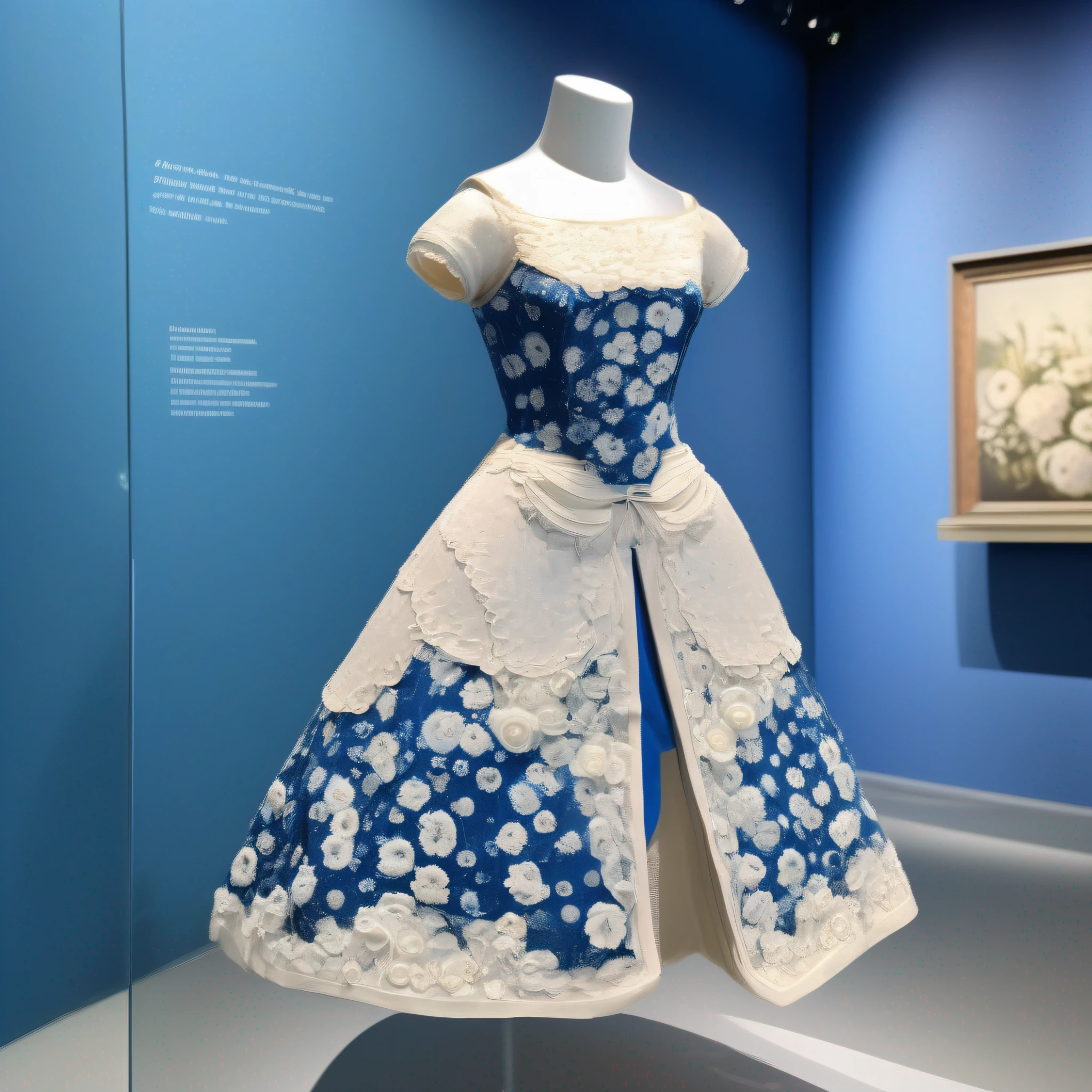 A dress on display in a museum fashion showcase with white flowers and a blue background.