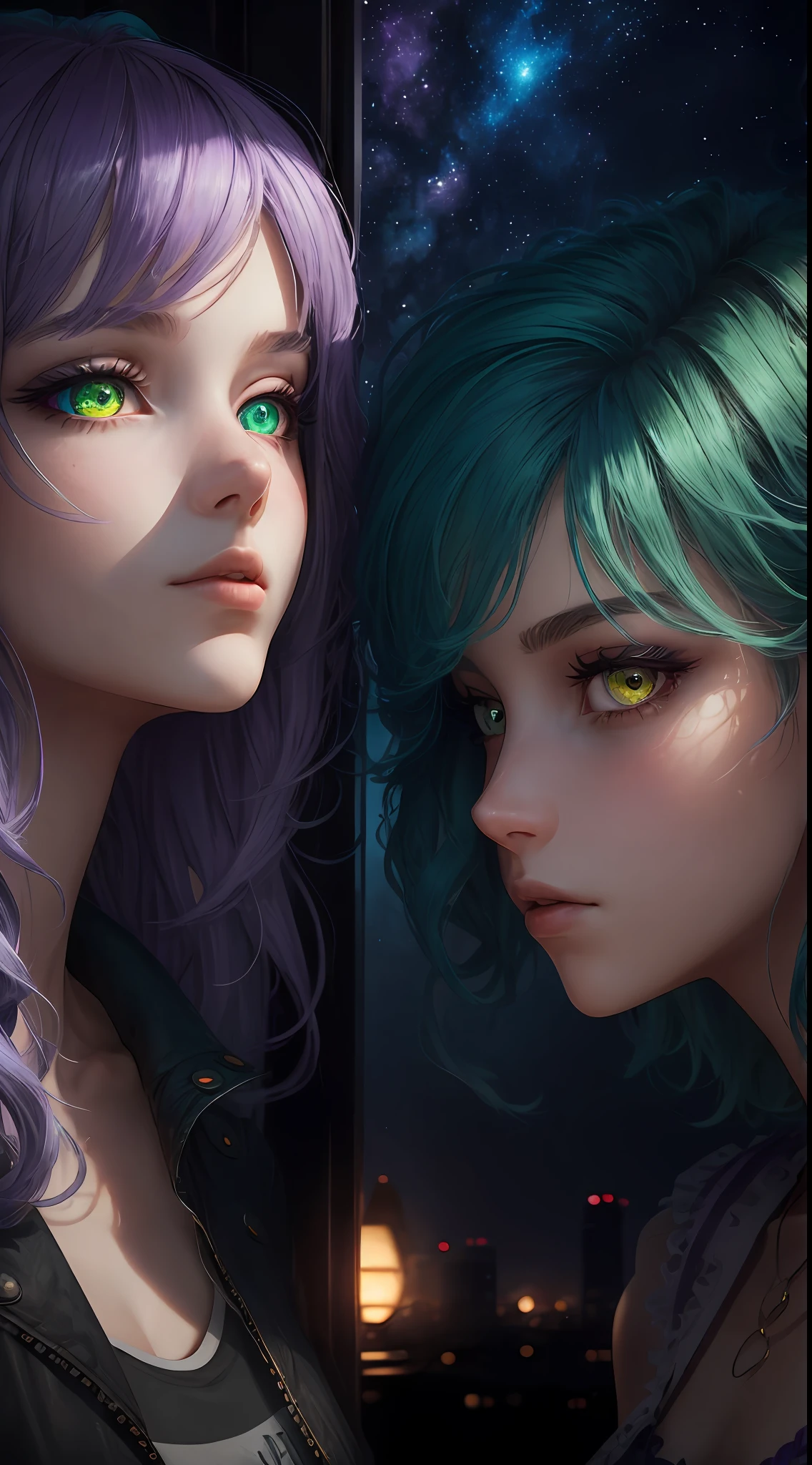 masterpiece, best quality, high quality, high definition, high quality texture, high quality shadow, high detail, realistic, cinematic light, side lighting, lens reflection, ray tracing, sharp focus, two girls with a distance from each other, one girl with green hair, and the other with purple and lilac hair, and yellow and cyan eyes, they are on top of a tall tower with the night sky and starry --auto