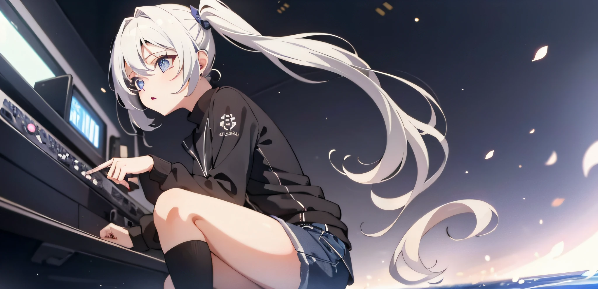One Girl, Cool Beauty, White Hair, Light Blue Inner Color, Purple Eyes, Side Light, Light Particles, Wallpaper, Shorts, Moe Style, Spobla, Long Hair, High School, Anime Style, Twin Tails, pixiv,