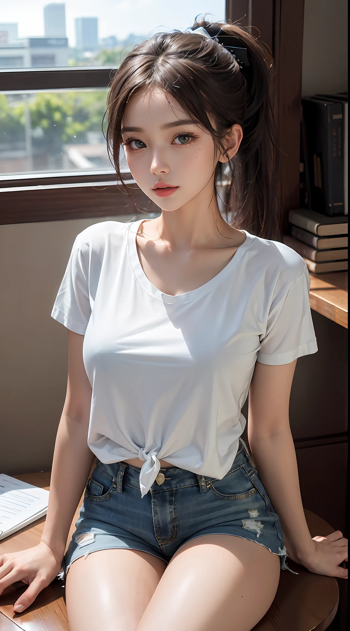 Masterpiece,(Most Realist:1.5),Max Resolution,Max Face Resolution,Maximum Environmental Detail,Most Beautiful Woman,,Thai Woman,Thai,Teenage Girl,Fair Skin,(Ponytail Tie Cut),Big Eyes,Beautiful Eyes,Short,White T-Shirt Shorts,Bright Face,Most Beautiful Nose,Sitting in Study