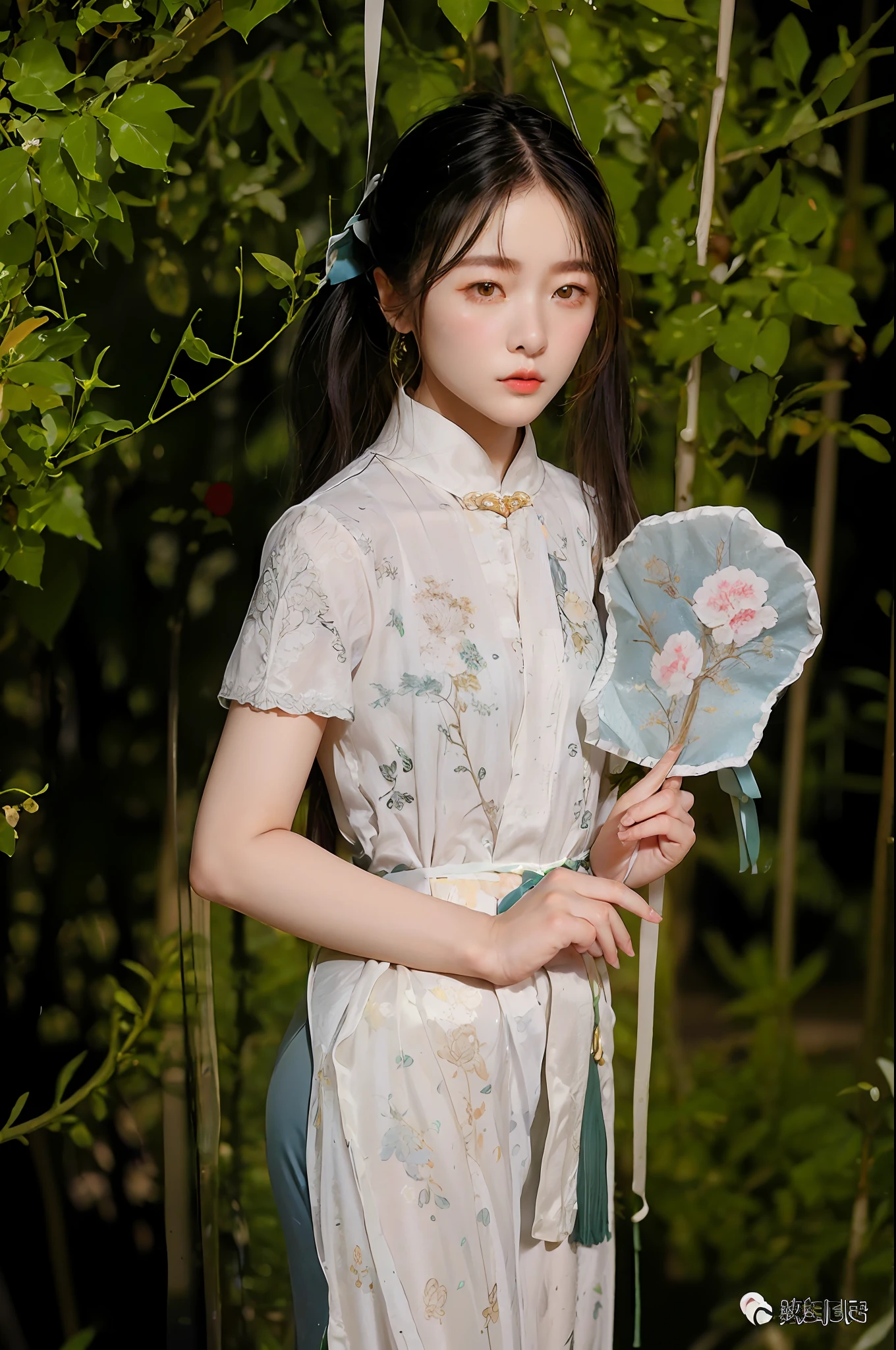 araffe woman in a white dress holding a fan and a green ribbon, cheongsam, palace ， a girl in hanfu, white hanfu, with acient chinese clothes, hanfu, traditional chinese clothing, chinese dress, sha xi, chinese costume, traditional chinese, inspired by Hua Yan, inspired by Dai Xi, wearing ancient chinese clothes