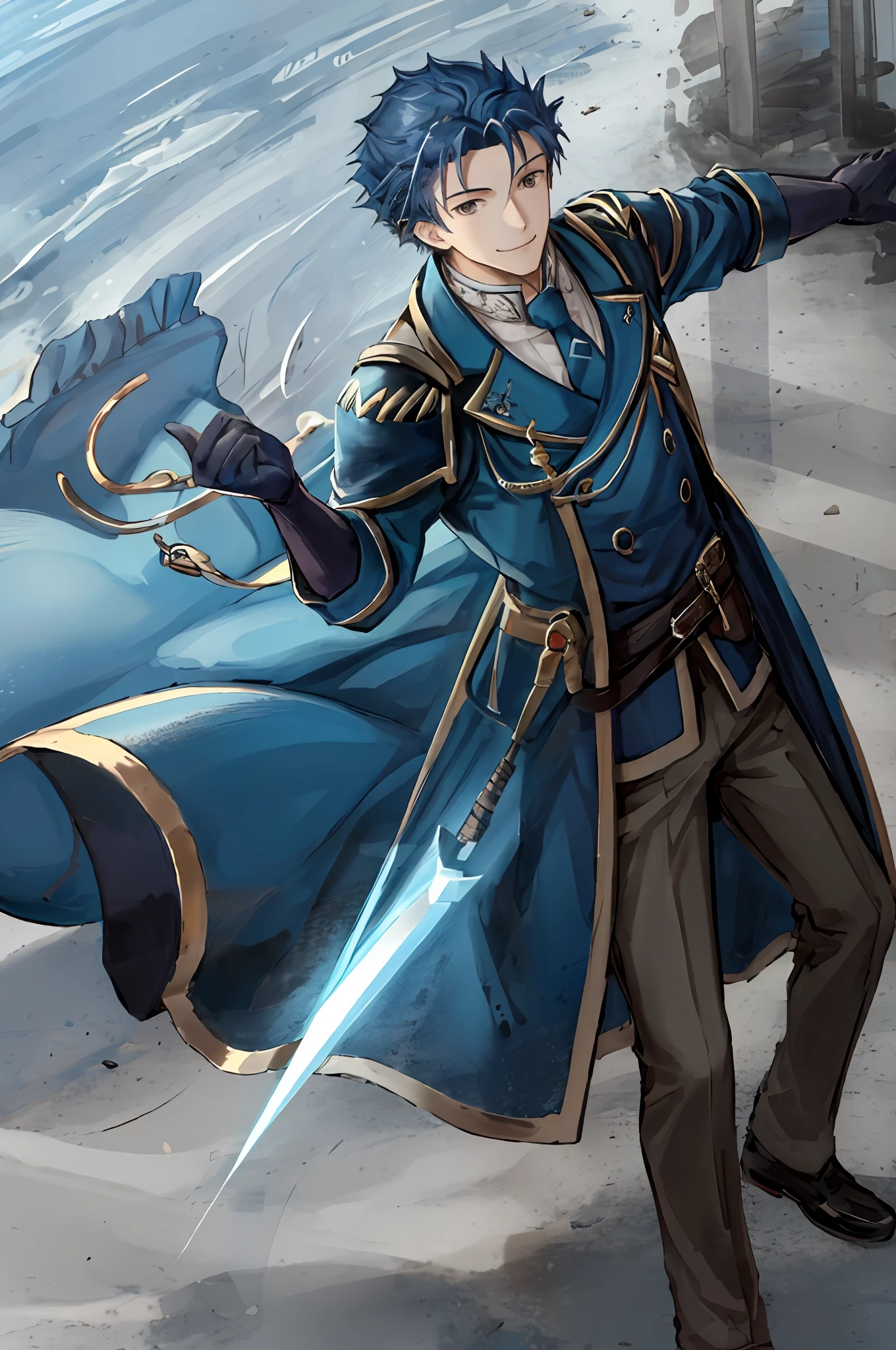 Masterpiece, best quality, (1man; 1.3), 25 years old, short blue hair, golden eyes, Hector Fey, tie, coat, street, from above, lens flare, depth of field solo, looking at the audience, smiling, gloves, 1boy, male focus, castle view