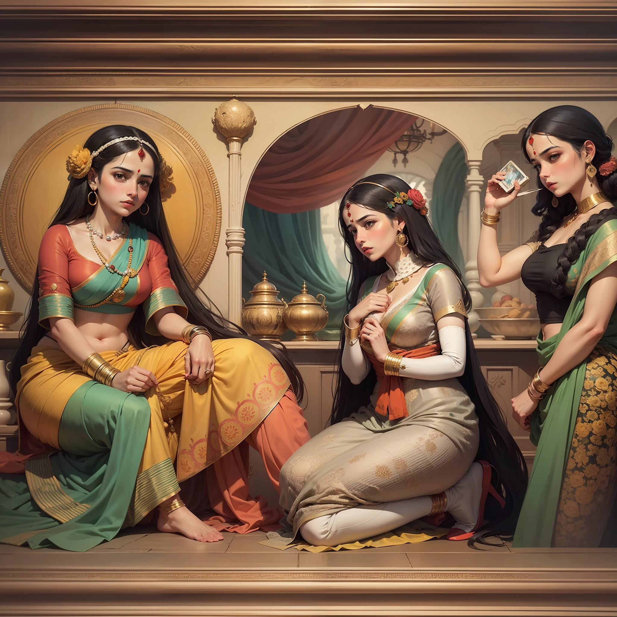 Picture a Kalighat Painting that reflects the influence of colonialism. Depict scenes of British officers or cultural clashes, showcasing the changing dynamics and the fusion of Indian and Western elements. --auto --s2