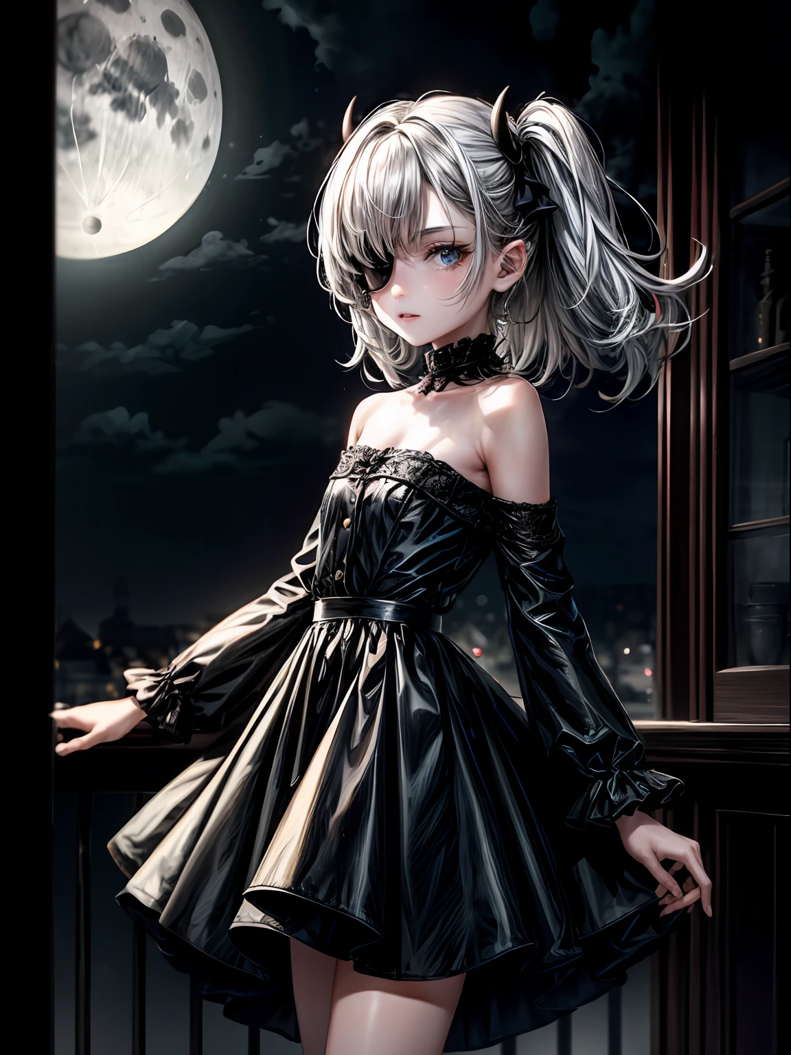 Absurdity, masterpiece, top quality, break, demon girl, 16 years old, shoulders are naked, gray hair, blue eyes, two eyes, eye patch, brown skin, cold eyes, black skin, break, full moon, break, little devil, break, watercolor