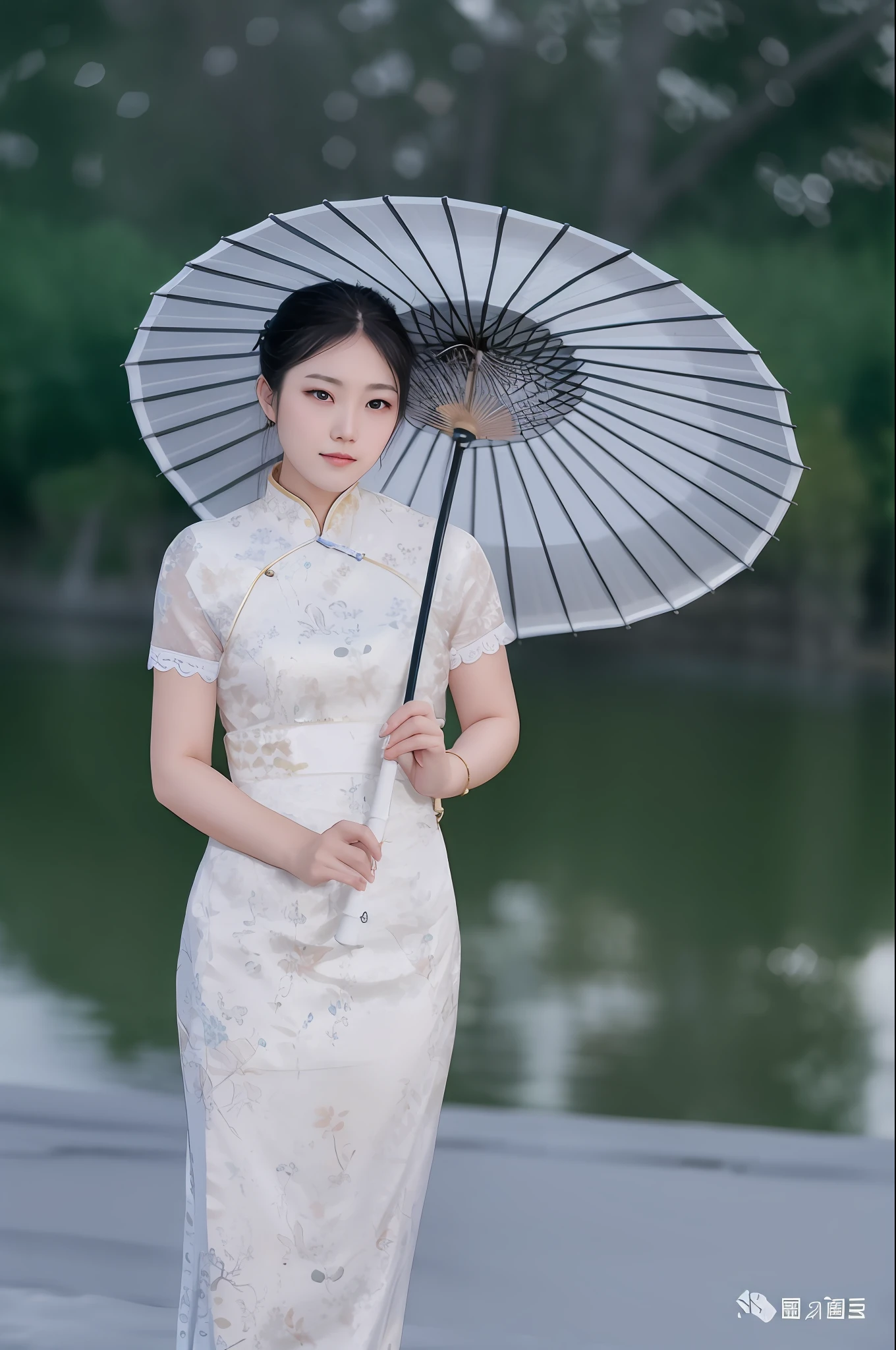 araffe woman in a white dress holding an umbrella by a lake, with acient chinese clothes, cheongsam, traditional chinese clothing, white hanfu, palace , a girl in hanfu, standing with a parasol, chinese costume, chinese dress, wearing ancient chinese clothes, chinese woman, chinese girl, hanfu, chinese style, inspired by Dai Xi